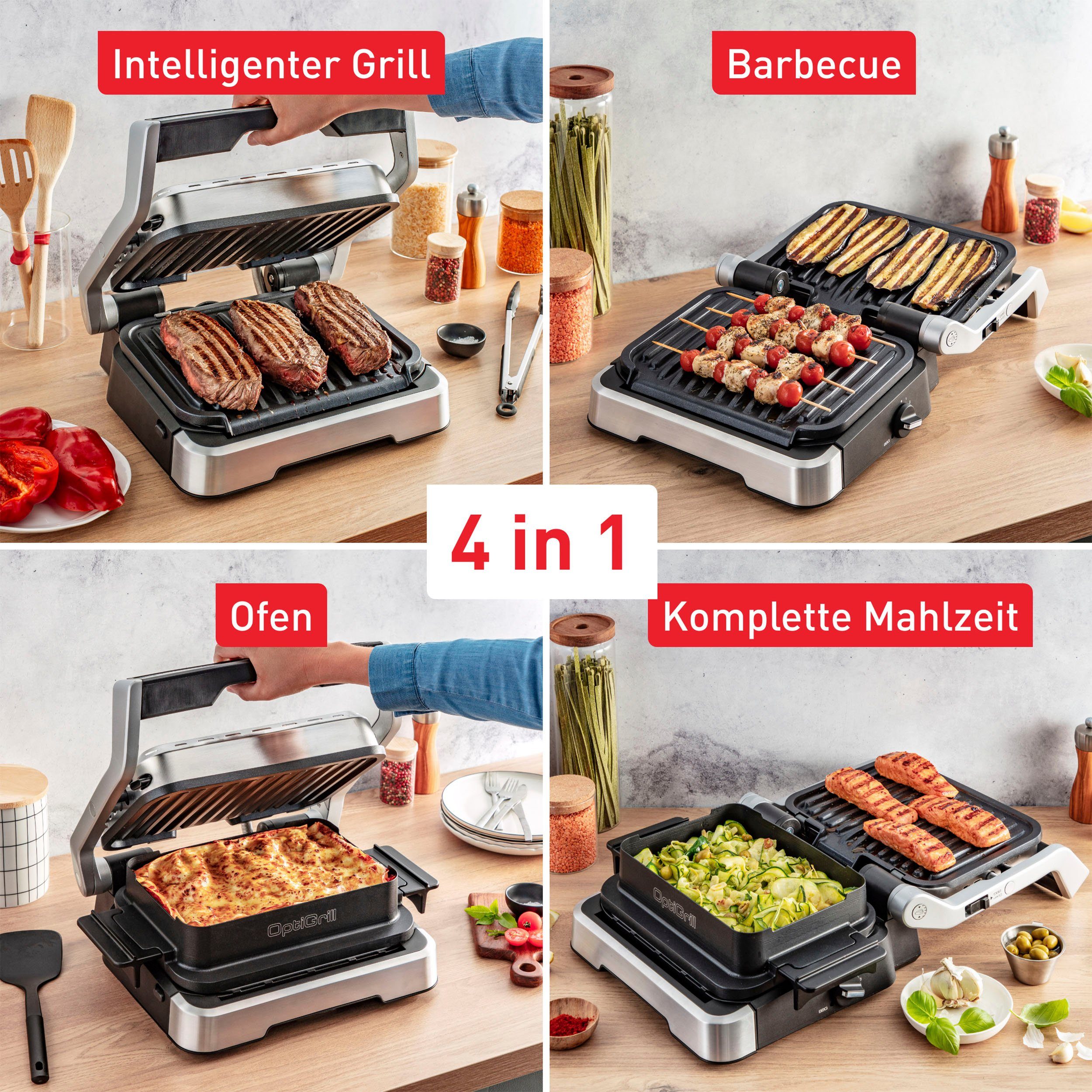 Tefal inkl. Hamburger W, Presse 4in1, Gratis: OptiGrill 2100 aufklappbar. GC774HP Backschale, Kontaktgrill