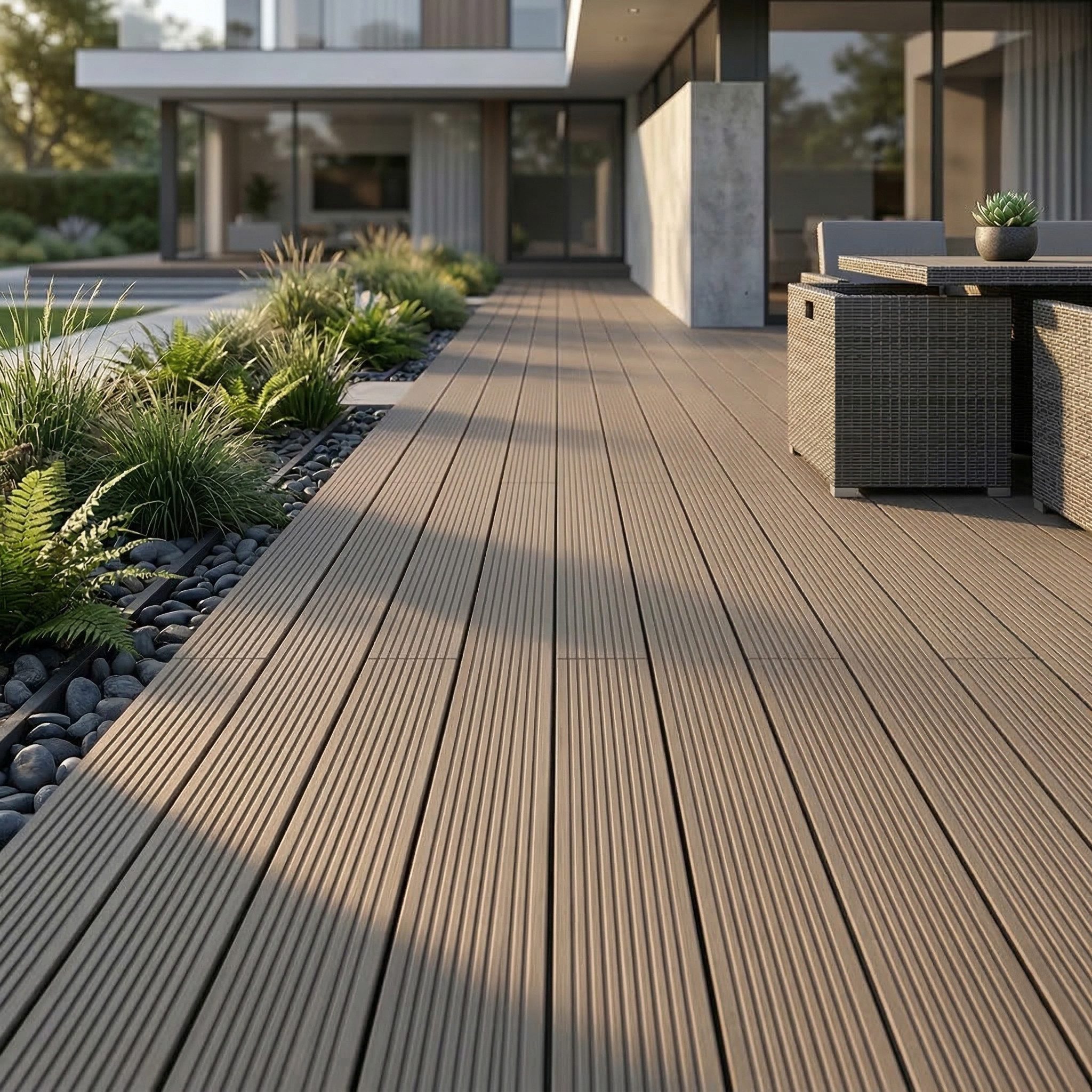 Woodstore24 Terrassendielen WPC Terrassenboden Komplettset mit Clipsystem, 20 mm Stärke, (Hohlkammer Diele geriffelt 240 cm Länge 145 mm Breite, Terrassenboden in Anthrazit Grau Braun für Balkon & Garten Outdoor), WPC Terrassendielen Komplettset mit Clips