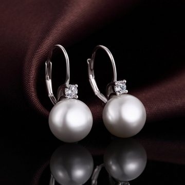 LENBEST Paar Ohrhänger Paar Ohrhänger 18 Karat Weiß Vergoldet Perlen Ohrringe Damen, 925 Sterling Silber
