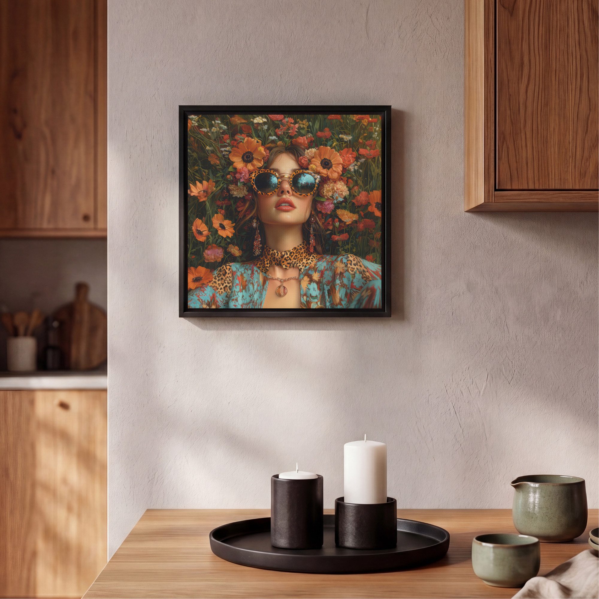 OneMillionCanvasses® Leinwandbild mit Rahmen - Frauen - Blumen - Modern - Brille - Abstrakt, Fotodruck (1 St), Leinwand Bilder Klein, Wand Dekoration Aesthetic 20x20cm