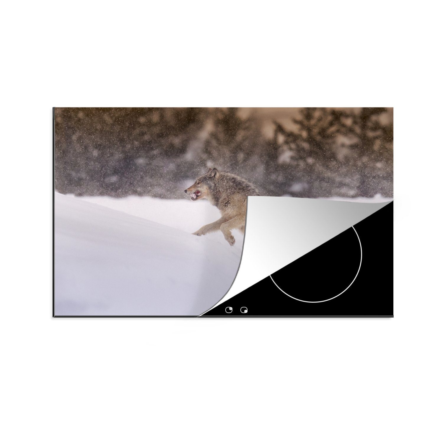 MuchoWow Herdblende-/Abdeckplatte Wolf läuft im Schnee, Vinyl, (1 tlg), 81x52 cm, Induktionskochfeld Schutz für die küche, Ceranfeldabdeckung