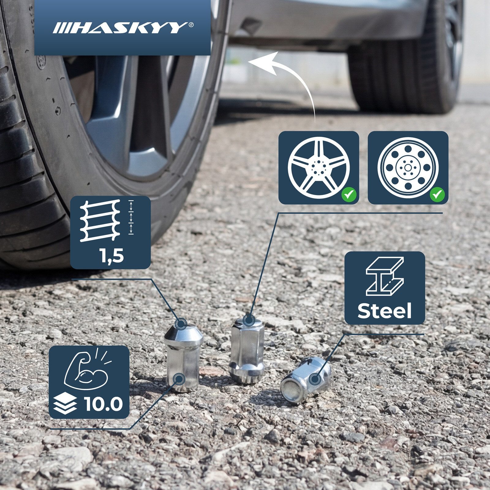 HASKYY Reifenmontagemaschine Radmuttern Mutter M14x1,5x41 mm SW19 Kegel 24x Radmuttern