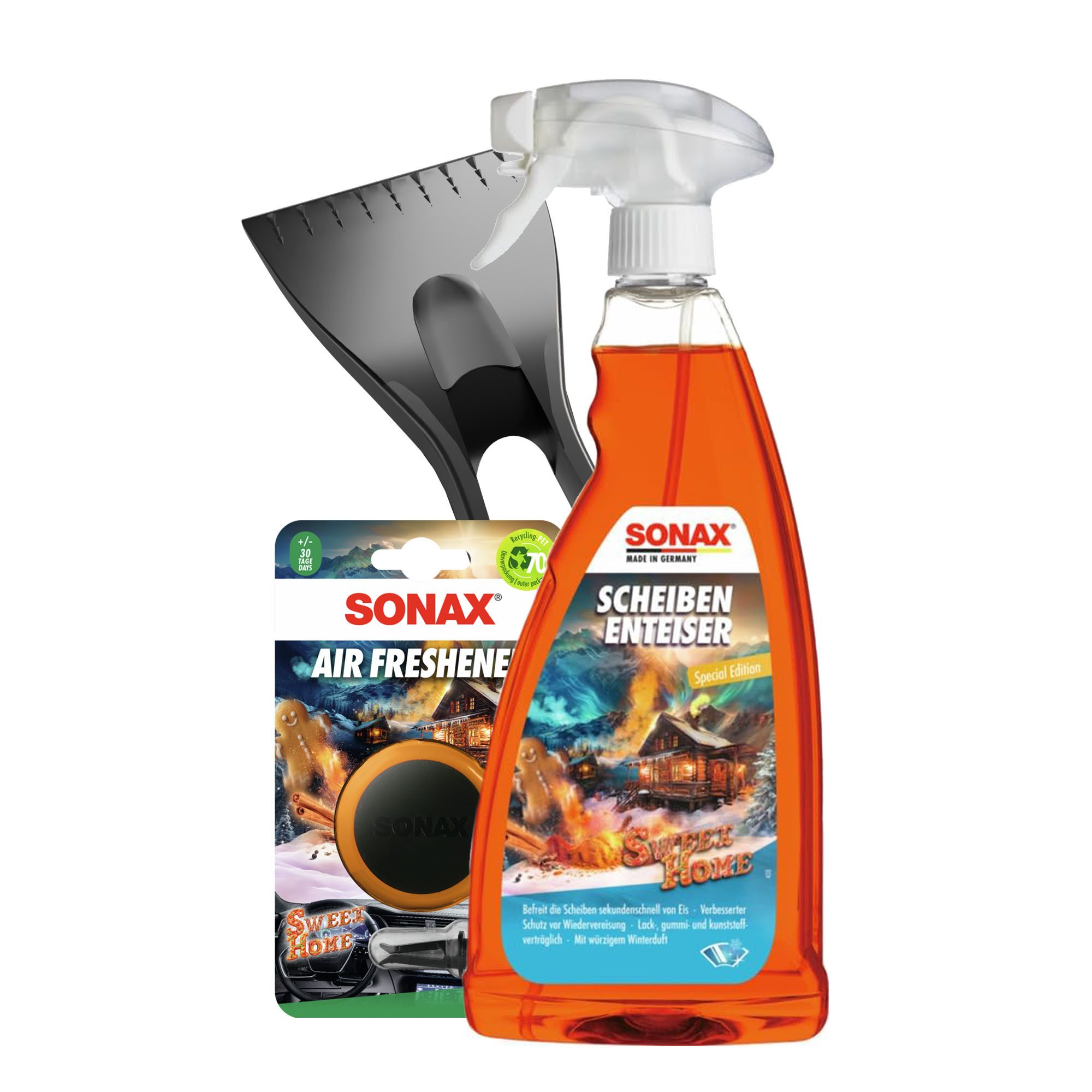autopflege Scheibenfrostschutz Scheibenenteiser Spray Set Sonax Sweet Home 1L, inkl. Eiskratzer und Sonax Air Freshener Sweet Home