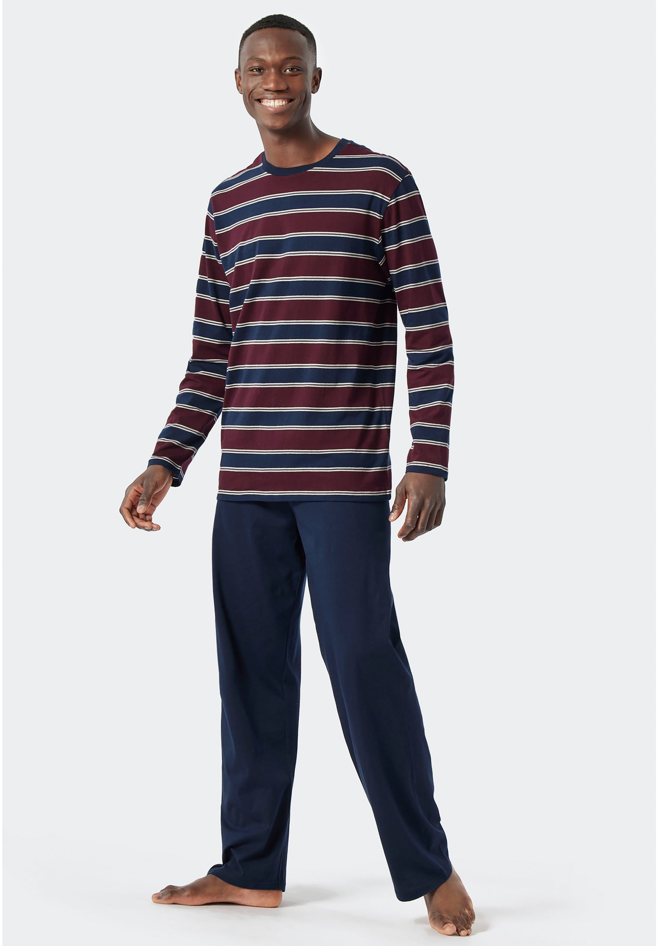Schiesser Pyjama (2 tlg., Oberteil burgund gestreiftem 1 Stück) mit