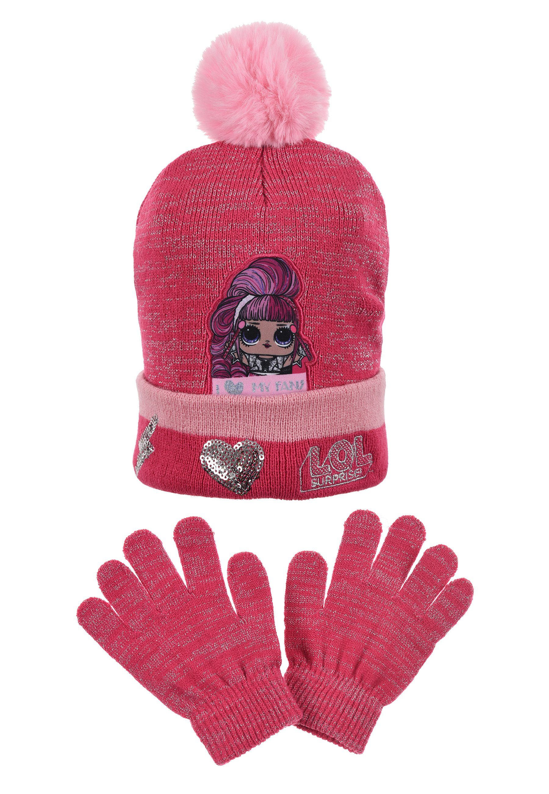 L.O.L. SURPRISE! Bommelmütze Kinder Mädchen Winter-Set Winter-Mütze + Handschuhe Bommel in Pink