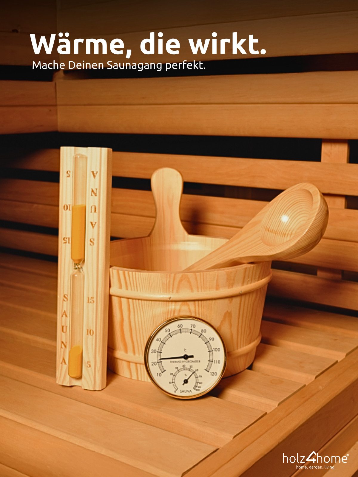 holz4home® Sauna-Aufgussset Sauna Eimer Set I Saunazubehör aus Holz (4-tlg., Set) inkl. Eimer, Kelle, Sanduhr, Thermometer