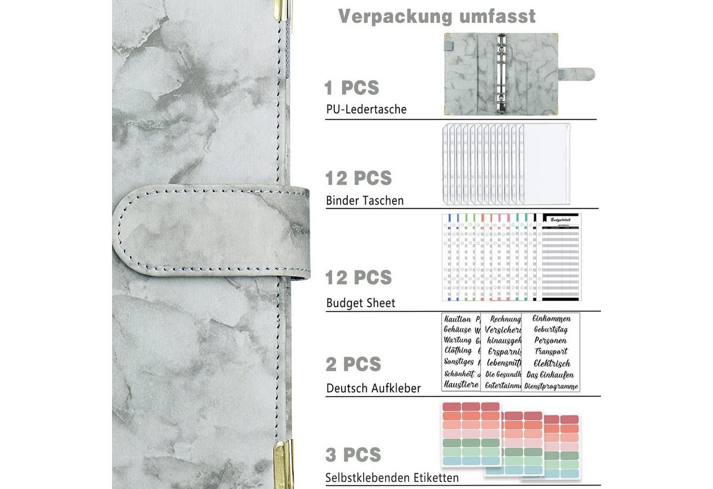 Thumbnail - LuxusKollektion Notizbuch A6 Budget Planner Deutsch Geld Organizer Etiketten Marmor-Leder Binder