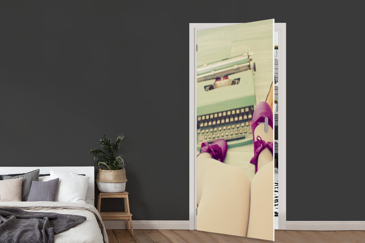 Tür, - Bücher bedruckt, Retro cm St), Schreibmaschine Türtapete (1 Pastell, MuchoWow Türaufkleber, Matt, - für - Fototapete 75x205