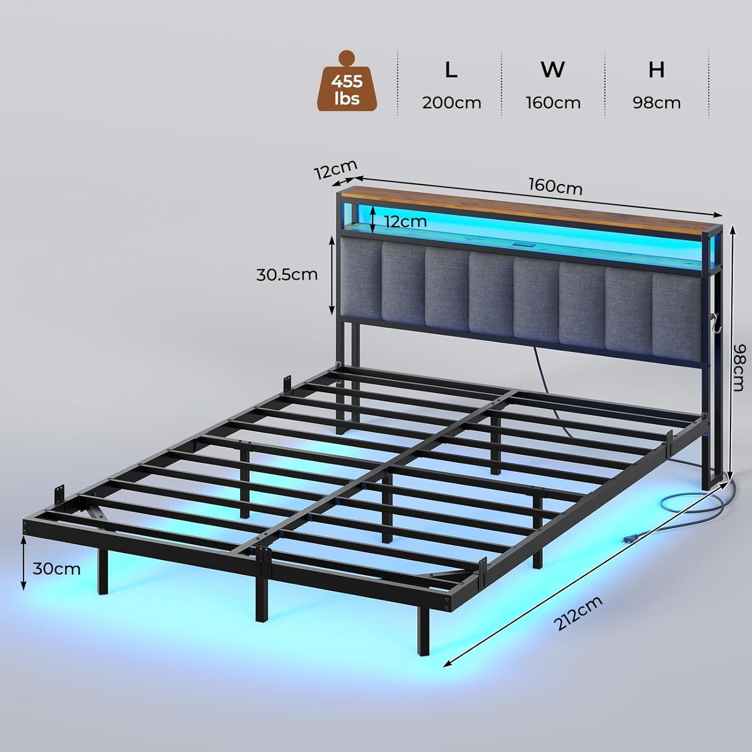 MSMASK Polsterbett mit Ladestation und LED-Beleuchtung, Dunkelgrau, 160x210 günstig online kaufen
