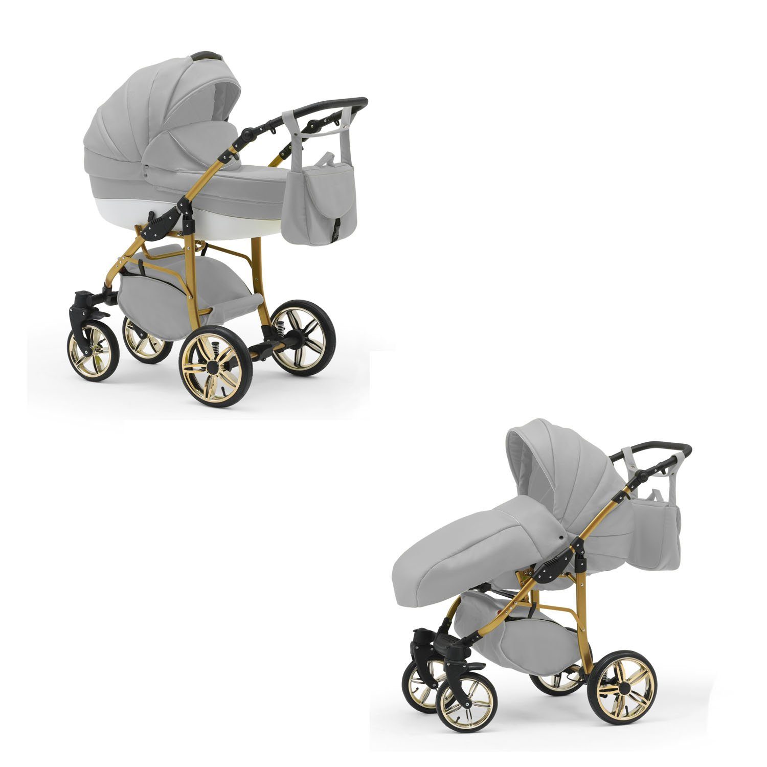 Hellgrau-Weiß 46 Farben in Cosmo Kinderwagen-Set Kombi-Kinderwagen in ECO 1 - 13 - Gold 2 babies-on-wheels Teile