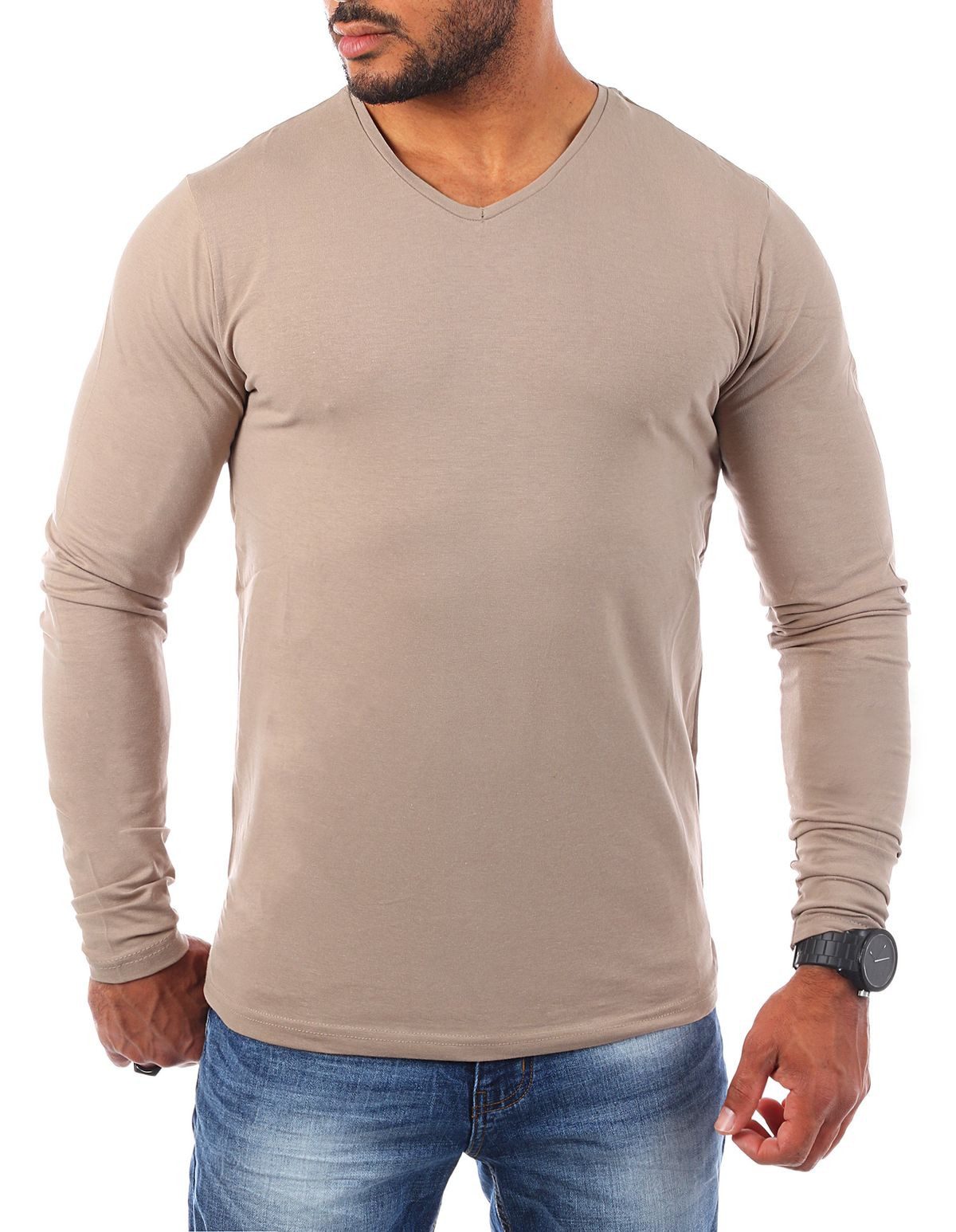 Young & Rich Langarmshirt Herren Uni Basic Longsleeve V-Ausschnitt V-Neck Unterziehshirt 2001 Rundhalsauschnitt unifarben langarm slim fit