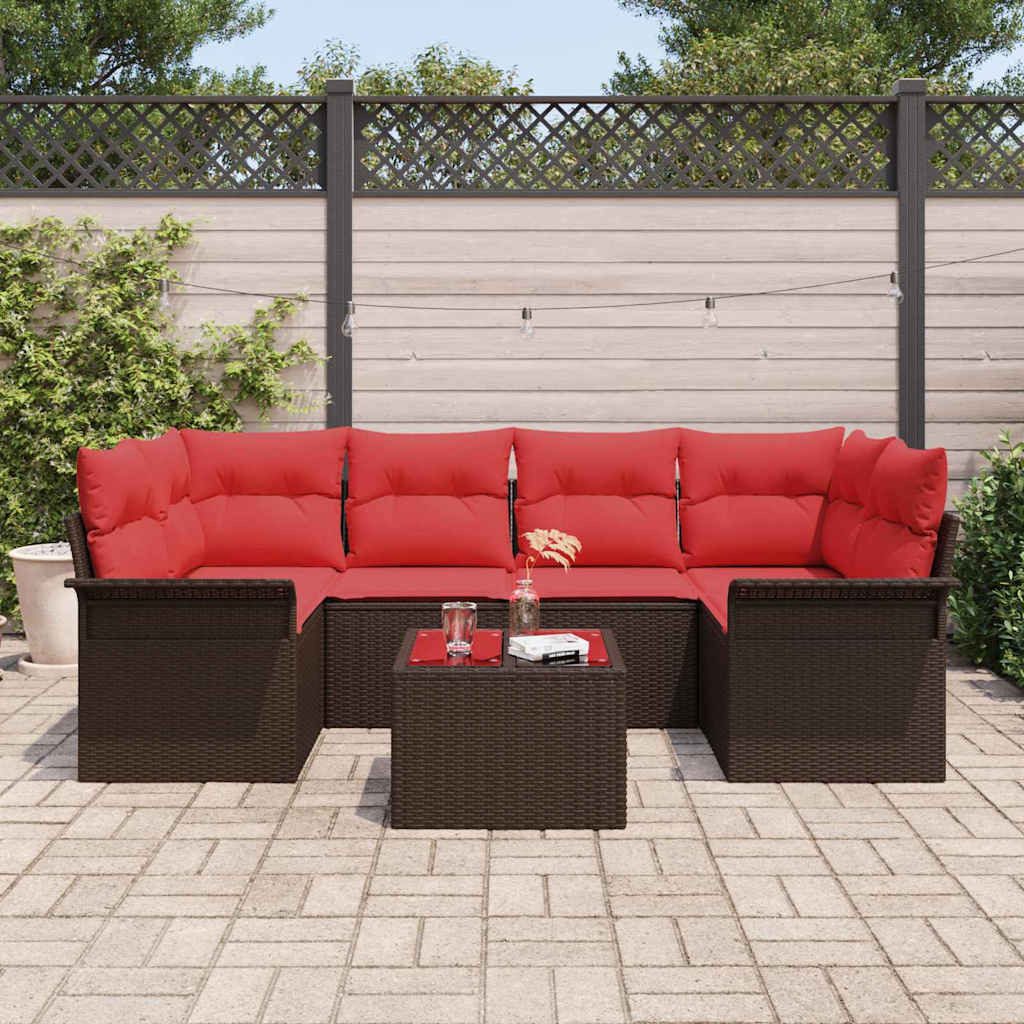 vidaXL Loungesofa Gartensofa-set mit Kissen 7 pcs Beige und Rot Poly-Rattan, 7 Teile