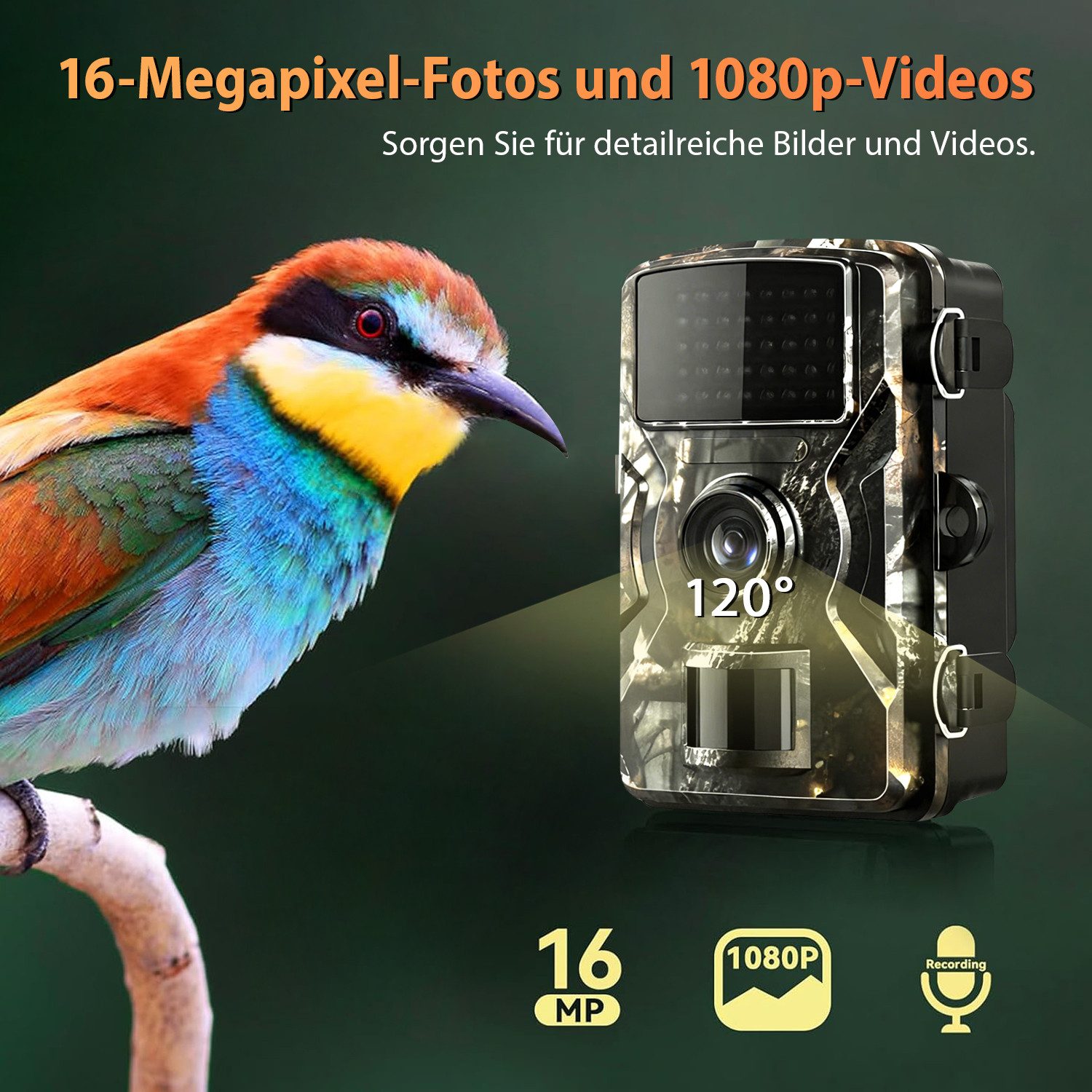 FANNOU Wildkamera 16MP 1080P FHD Infrarot (AuBenbereich, mit 32G TF Kard, mit Bewegungsmelder Nachtsicht, 0,8s Trig Jagdkamera)