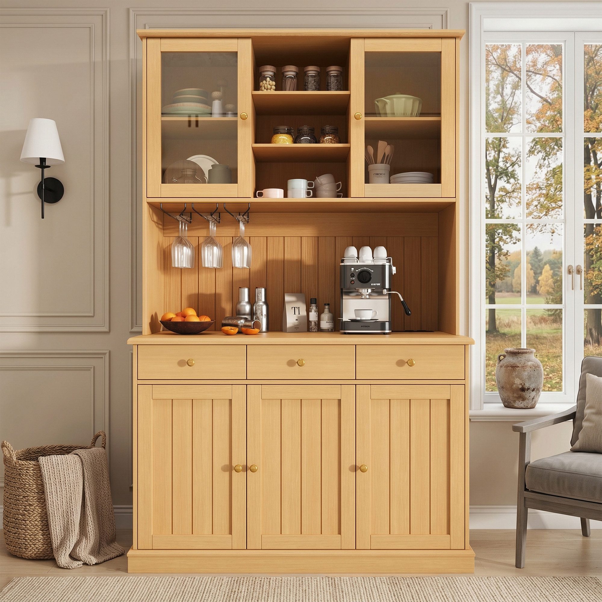 Celya Hochschrank mit mehrstufigem Stauraum und integrierter Steckdose (mit Glastüren, Gläserhalter, USB-C- und USB-A-Anschlüssen) ideal für Küche, Esszimmer oder Wohnbereich