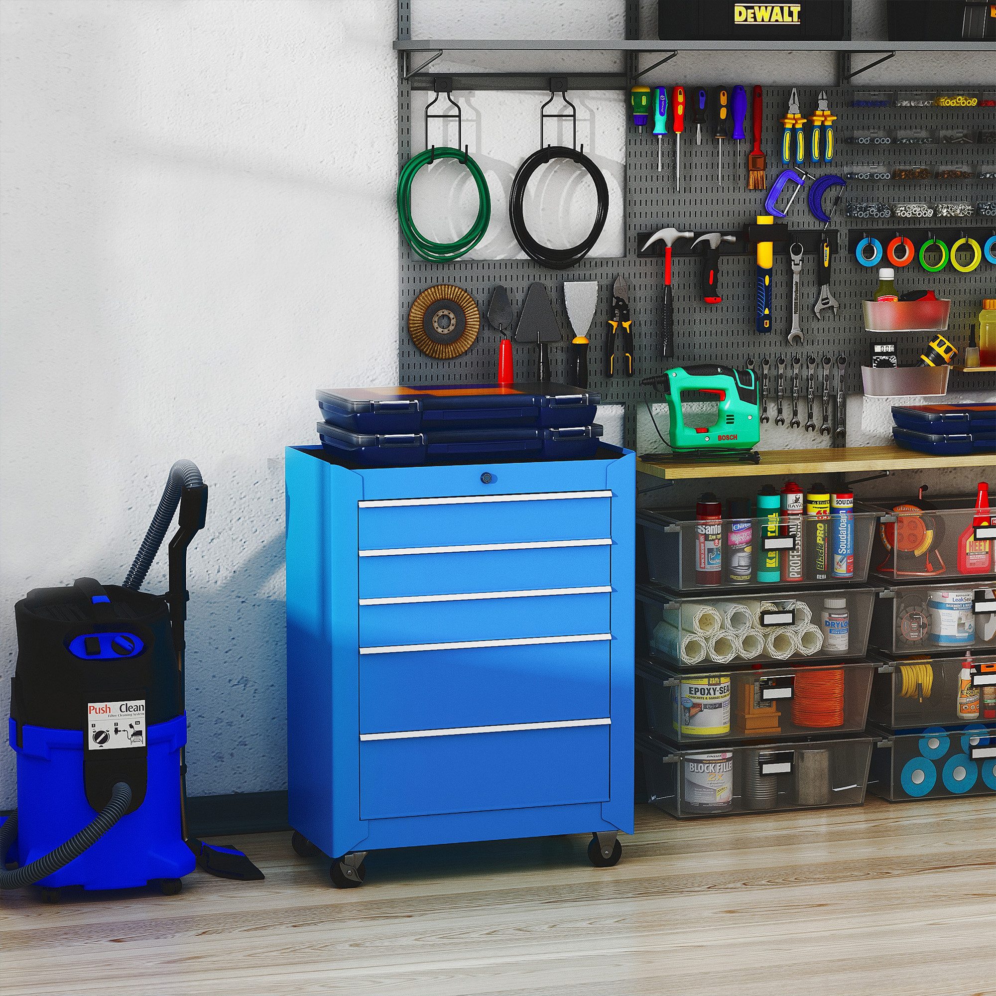 HOMCOM Werkstattwagen, leer, max. Traglast:70 kg, 0-tlg. Werkzeugset, (Werkzeugwagen, 1-tlg., 5 Schubladen, abschließbar, 4 Rollen), mit 2 Feststellbremsen, kugelgelagerten Schubladenschienen, Blau