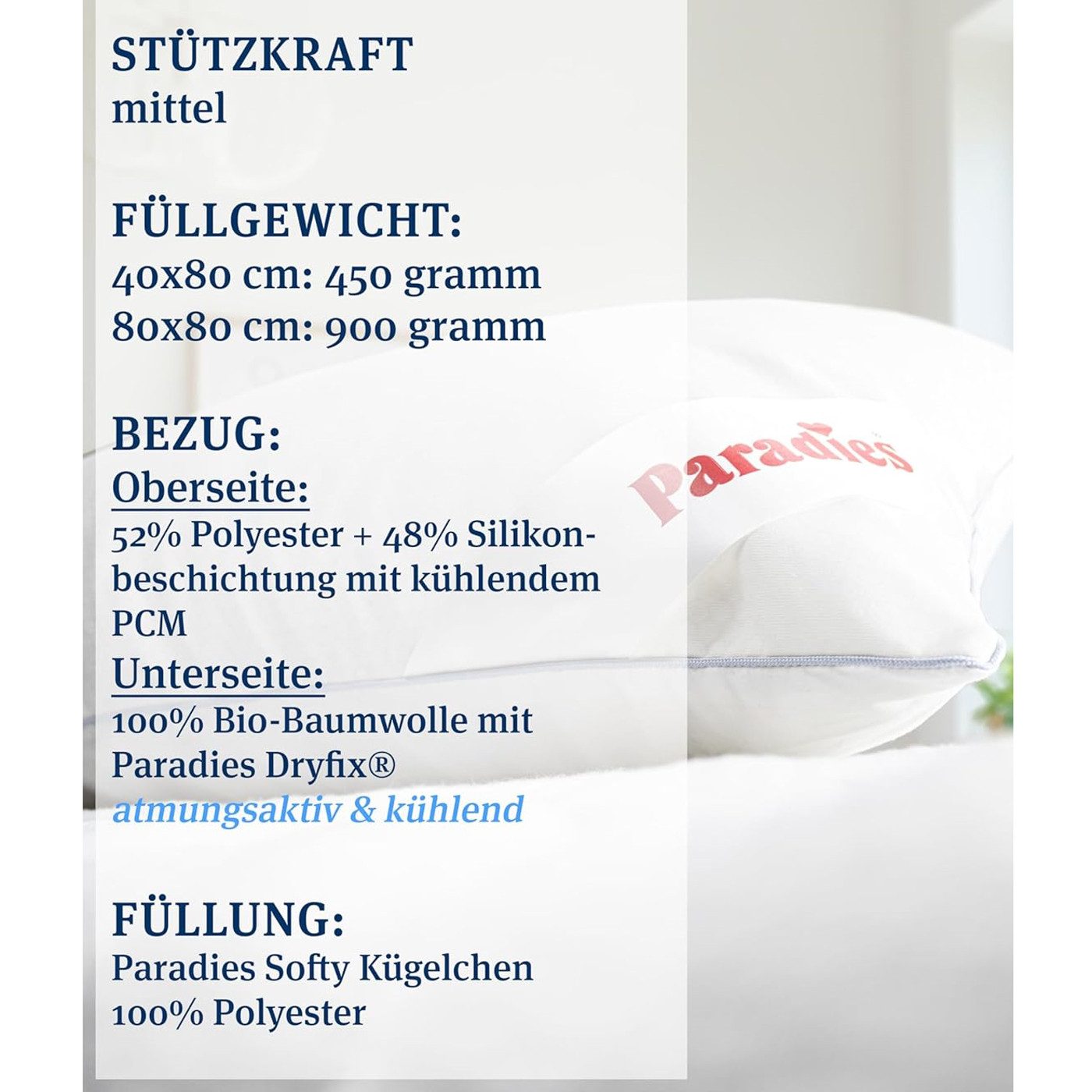 Paradies Kunstfaserkopfkissen Paradies kühlendes Kopfkissen Kissen Softy Cool Sleep Bio 40x80 cm, Füllung: Paradies Softys, Bezug: Bio Baumwolle mit Kühlveredelung, Bauchschläfer, Rückenschläfer, Seitenschläfer, Mit kühlender Oberseite