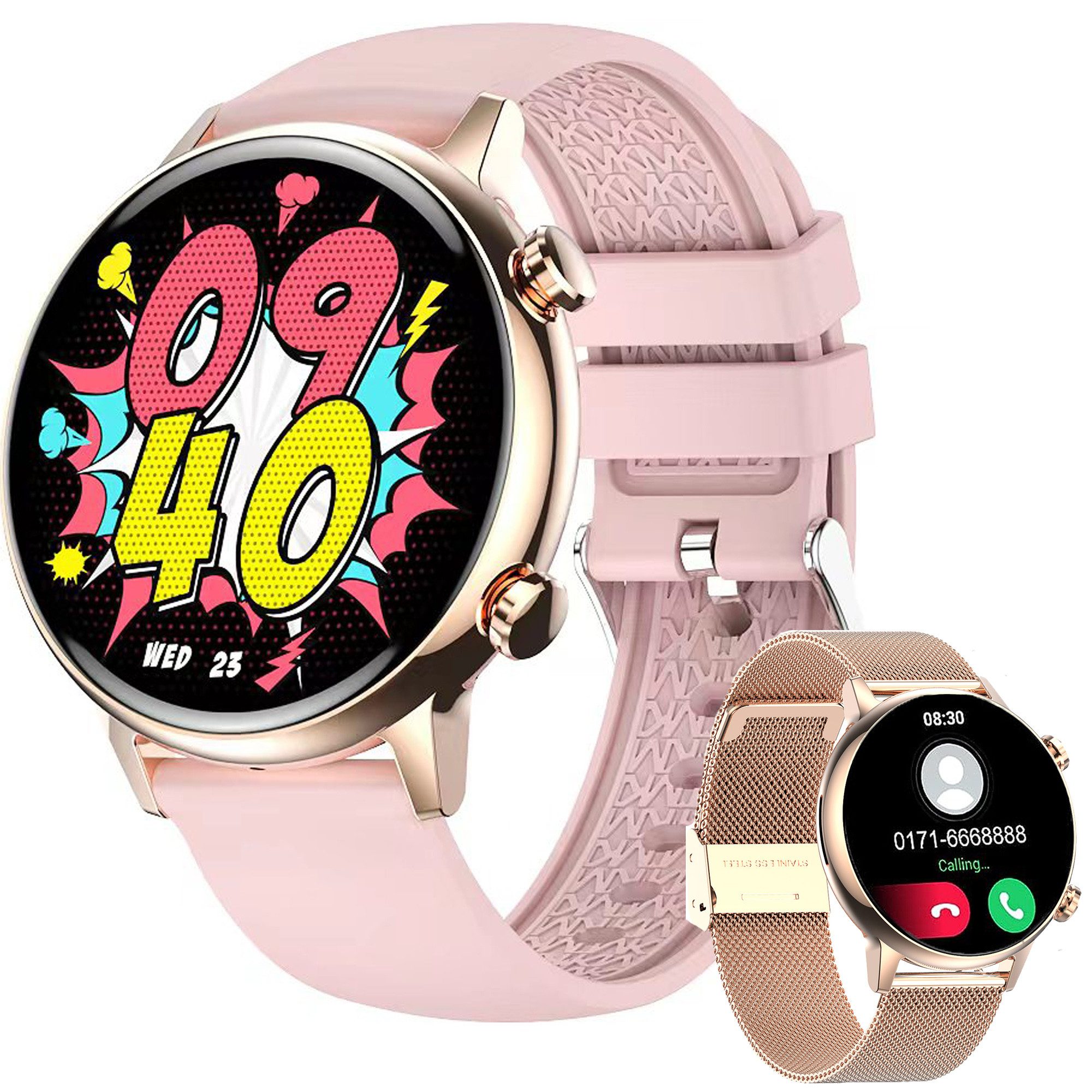 Sross Smartwatch für Damen,Fitness Tracker Uhr mit Anruffunktion Smartwatch (1,1" AOLED-Display HD Voll Touchscreen Zoll Zoll) Armbanduhr mit Herzfrequenz, SpO2, Schlafmonitor, NFC,Voice-Steuerung,Musiksteuerung,Schrittzähler,Kalorien-Tracker, IP68 Wasserdichte Smartwatch Kompatibel mit iOS 9.0 und Android 4.4