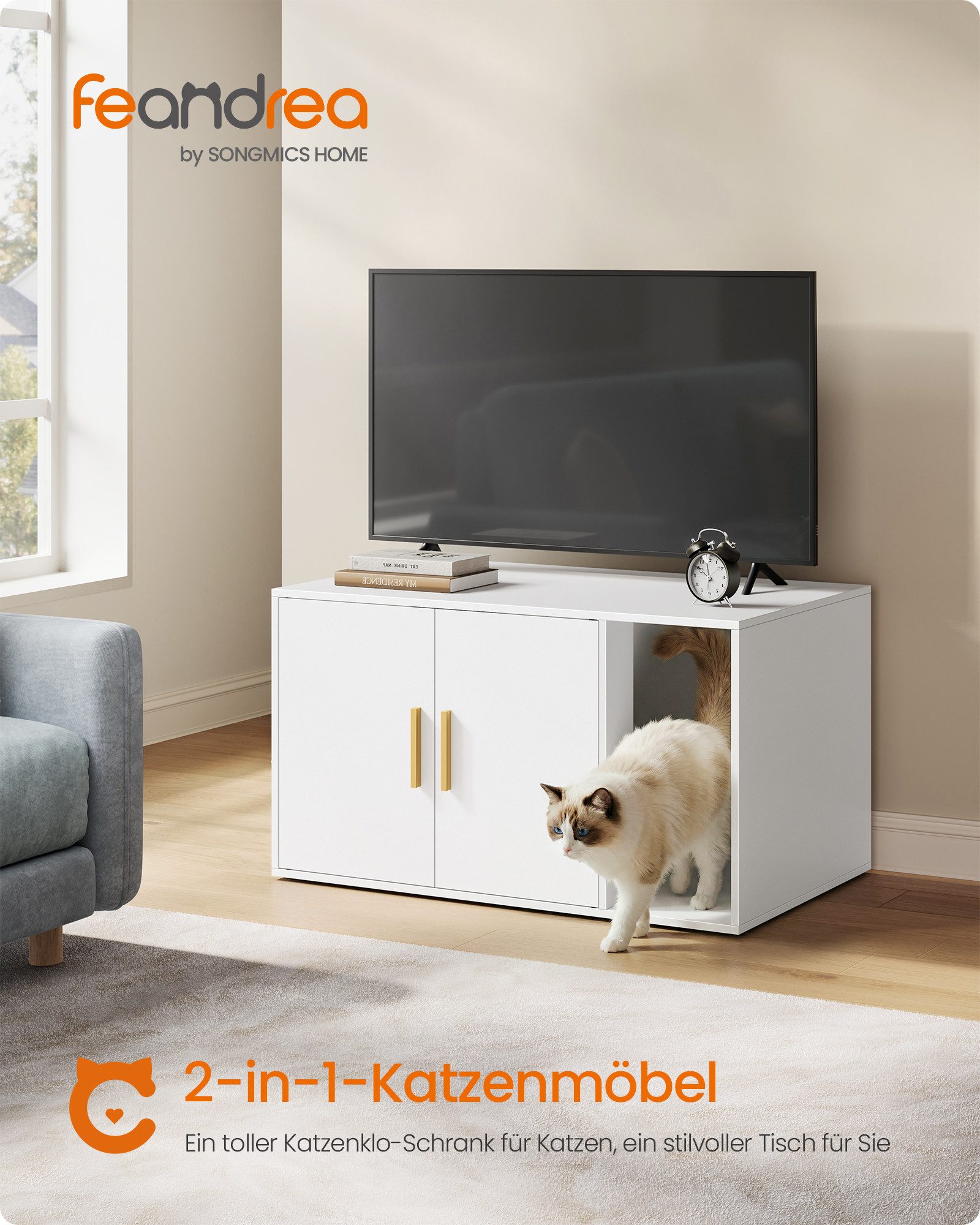 FEANDREA Katzentoilette Katzenklo-Schrank, moderne Katzenhaus, für Wohnzimmer, Vordereingang, Doppeltüren mit Griffen, Beistelltisch, 80 x 50 x 45 cm