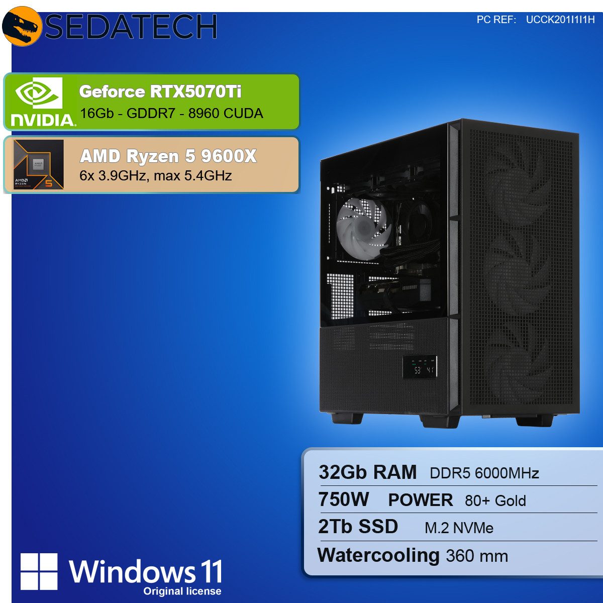 Sedatech UCCK201I1I1HF - Watercooling Gaming-PC (AMD Ryzen 5 9600X 6x 3.9GHz (max 5.4GHz), Geforce RTX5070Ti 16GB, 32 GB RAM, 2000 GB SSD, Watercooling, Wlan 7)