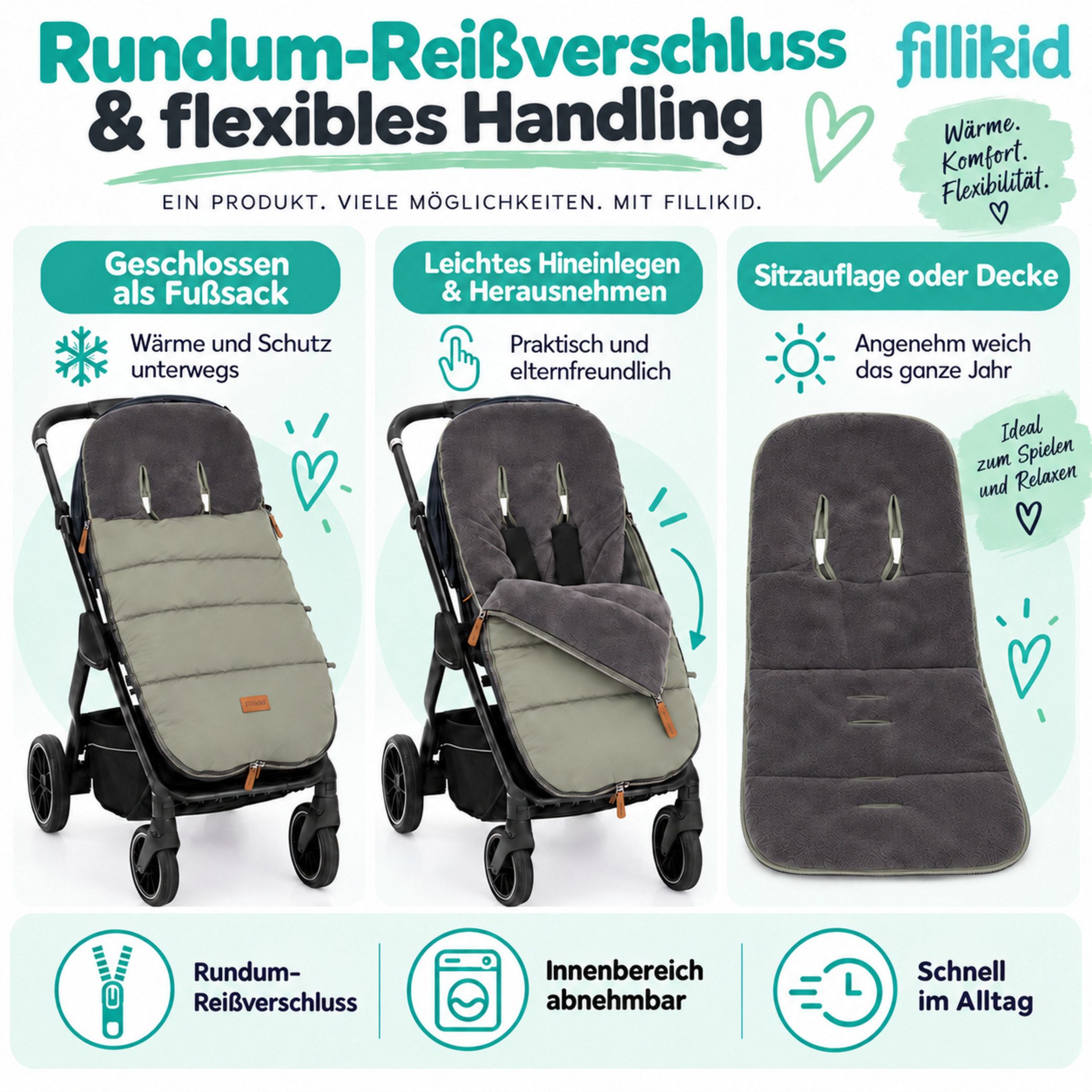 Fillikid Fußsack Winterfußsack Kinley Exklusiv, warmer Winterfußsack waschbar mit Rundum Reißverschluss und – Bild 5 von 5