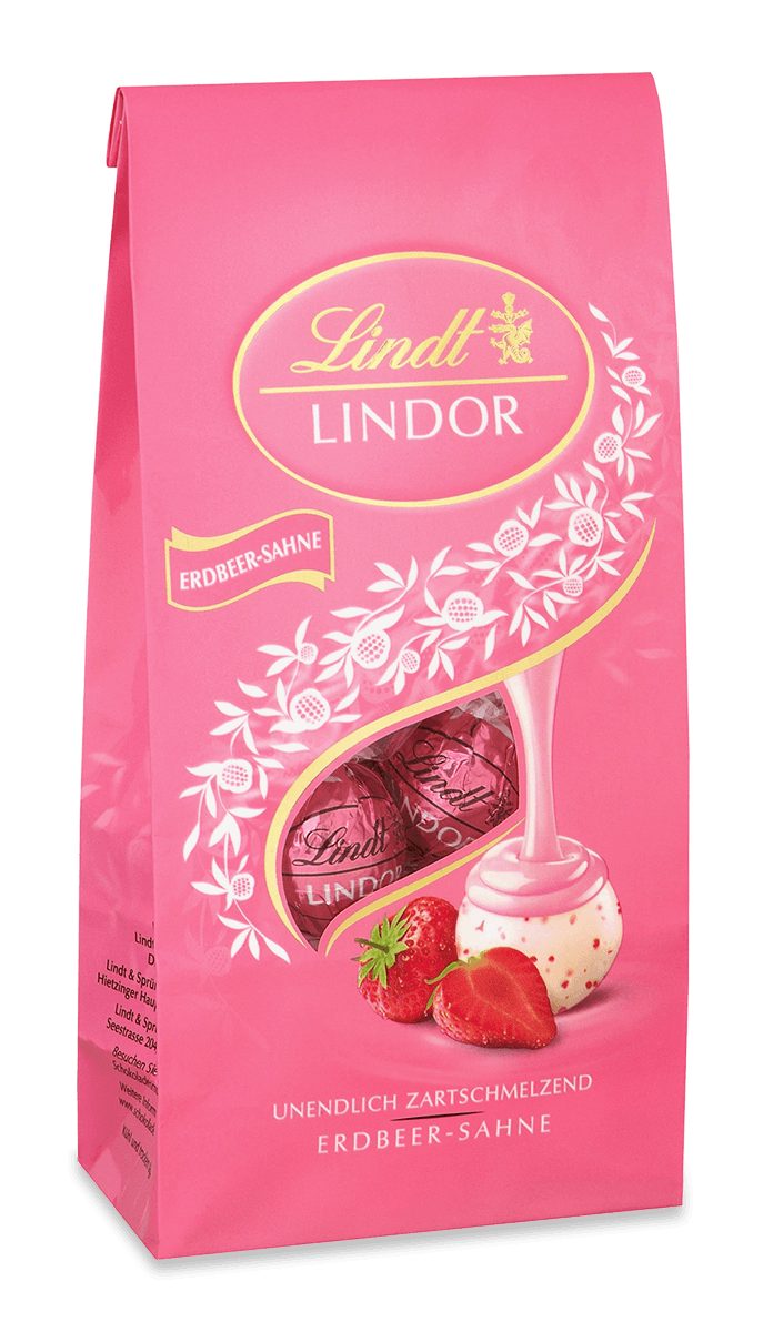 Lindt LINDOR Schokolade 137g Erdbeer Sahne Beutel Kugeln Schokolade Pralinen Geschenk, 1 x 137 g, 1 St.