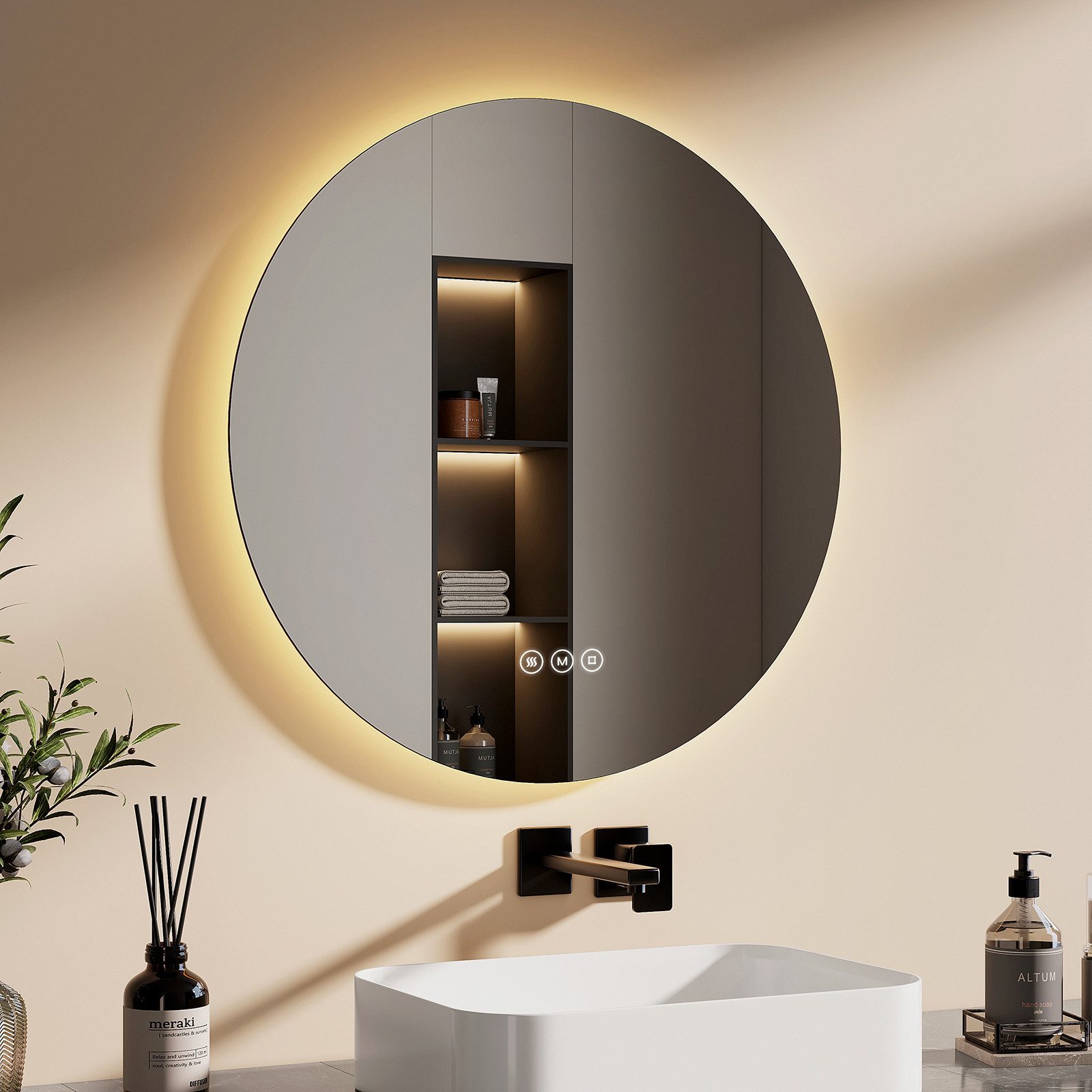 EMKE Badspiegel Antibeschlage 3 Lichtfarben Rund mit Beleuchtung Rahmenlos (50-80 cm, Touchschalter), 3 Lichtfarben Helligkeit Einstellbar,Memory-Funktion,Energiesparend