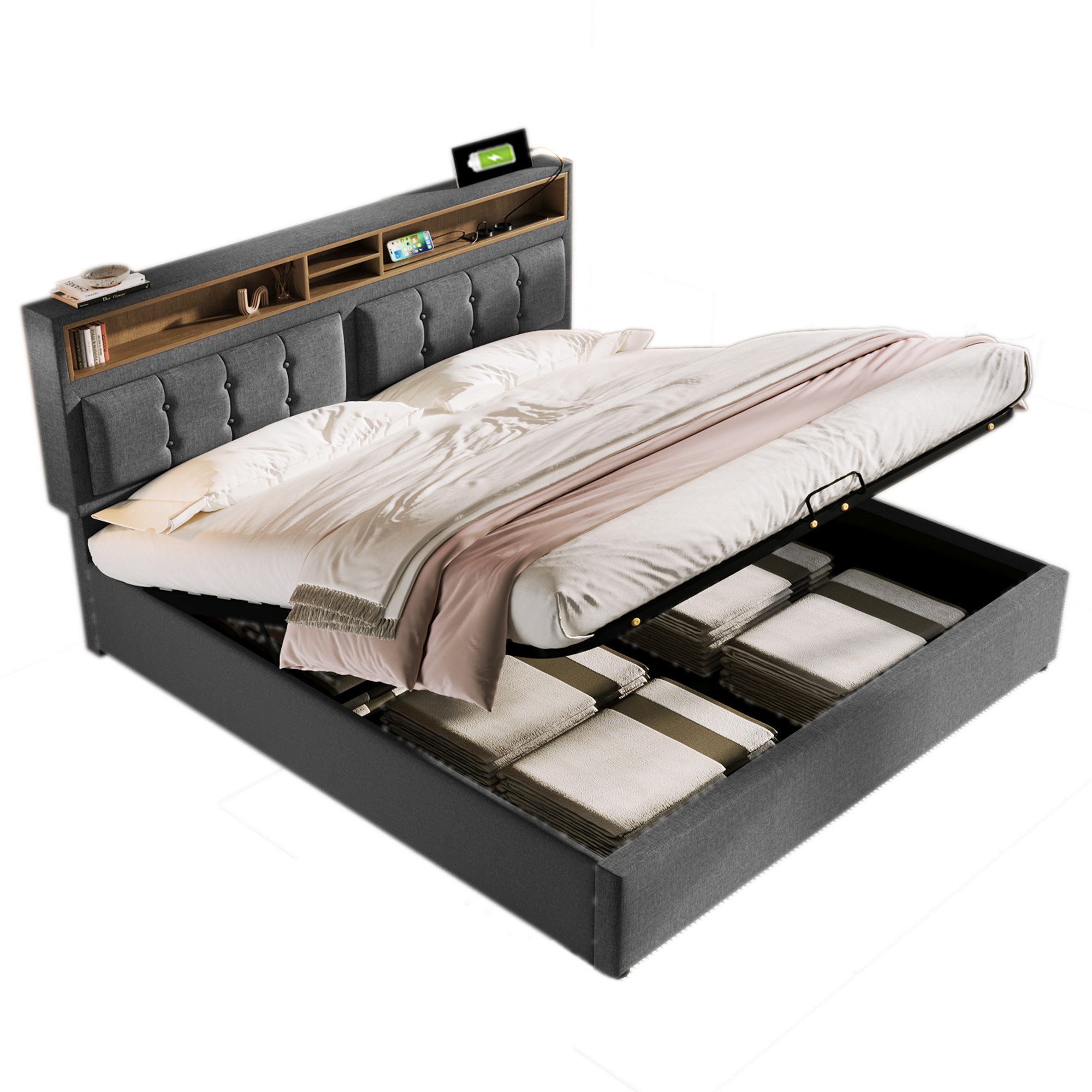 Polsterbett 160x200cm Doppelbett mit USB C Steckdose Ladefunktion Kopfteil