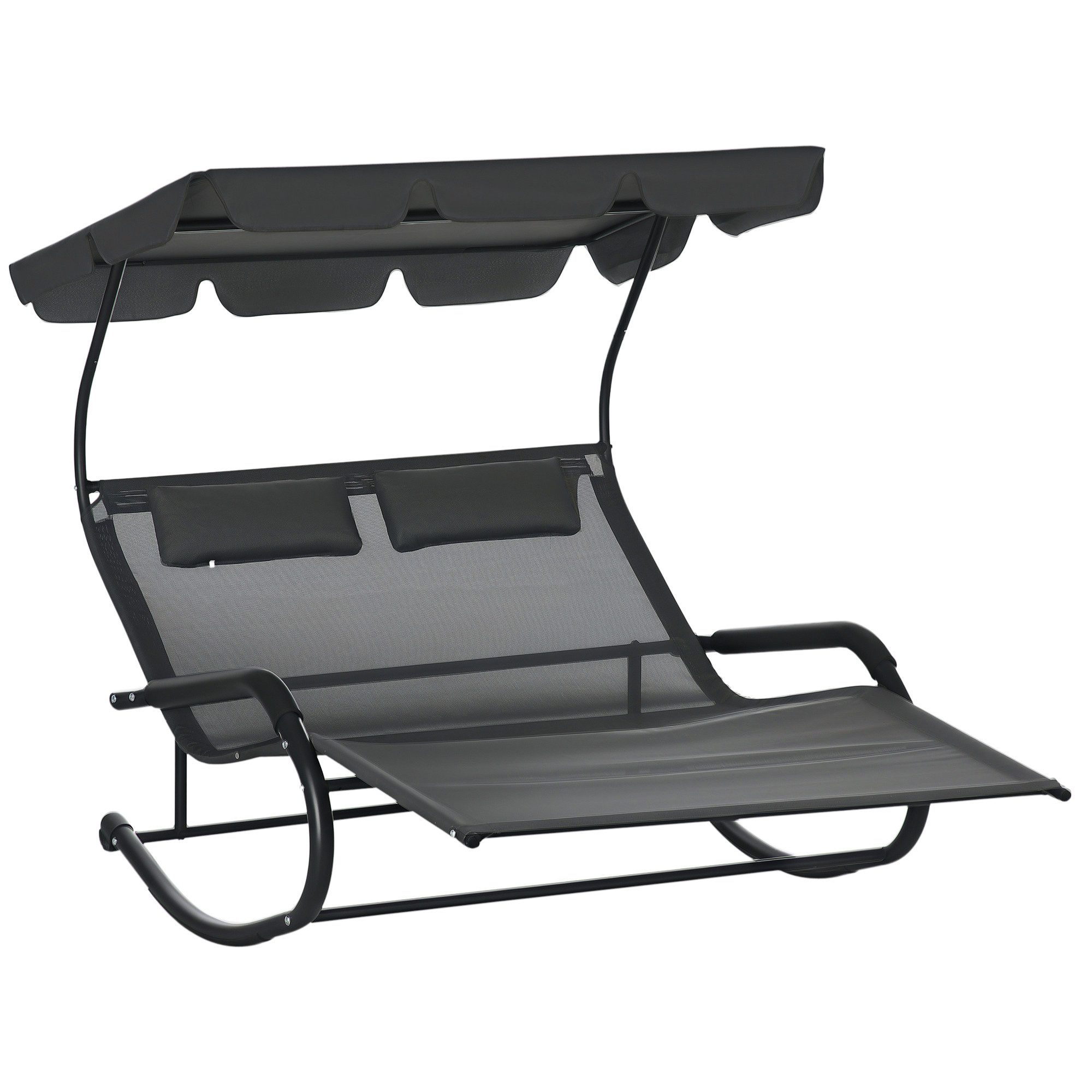 Outsunny Gartenliege mit Sonnendach, mit Rollen, mit Kopfkissen, 220 kg Belastung, Schaukelbank, 1 St., Doppel-Sonnenliege, für 2 Personen, Dunkelgrau, 200x139x140cm