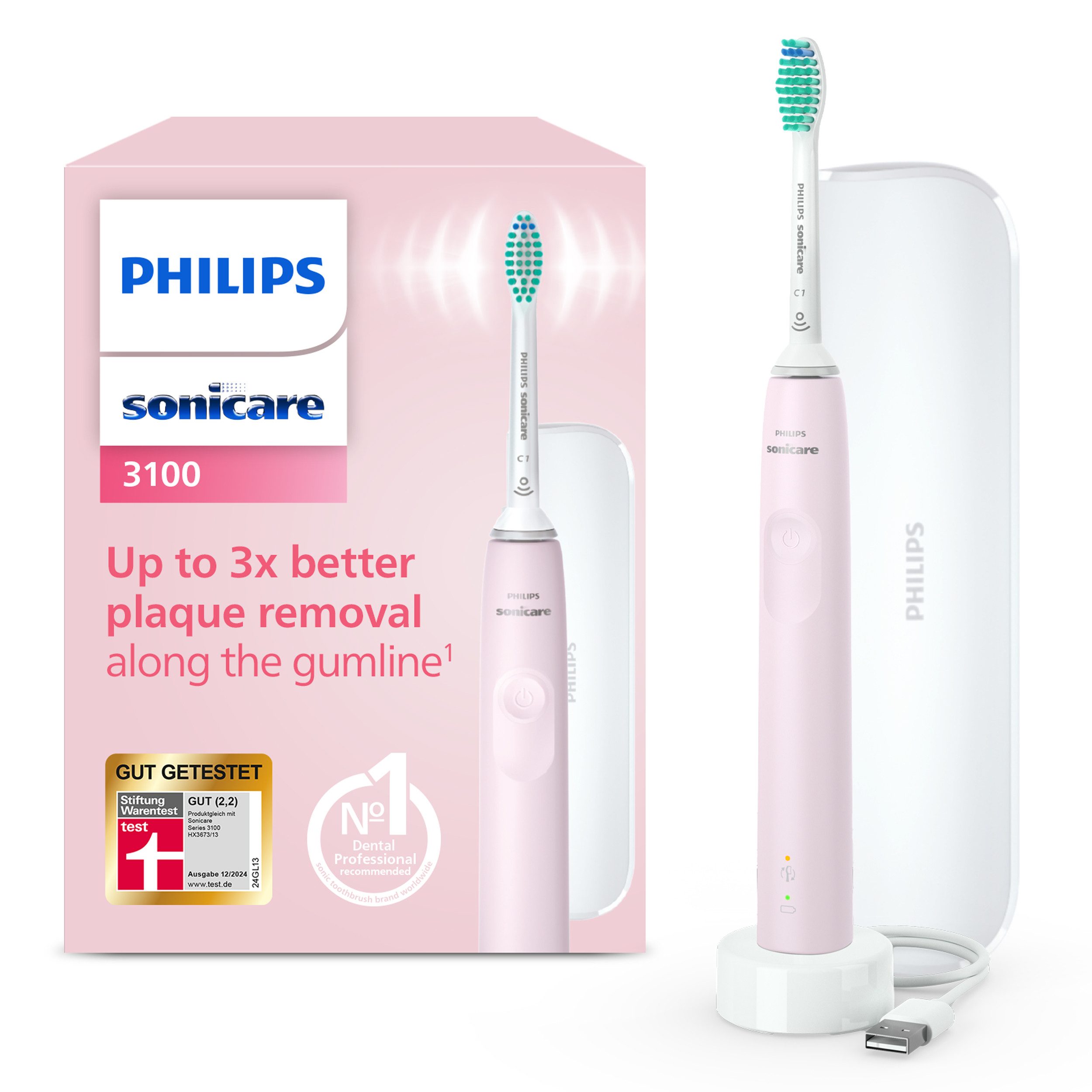 Philips Sonicare Elektrische Zahnbürste Series 3100 HX3673, Aufsteckbürsten: 1 St., mit Schalltechnologie, 4-Quadranten-Timer und 2-Minuten-Timer