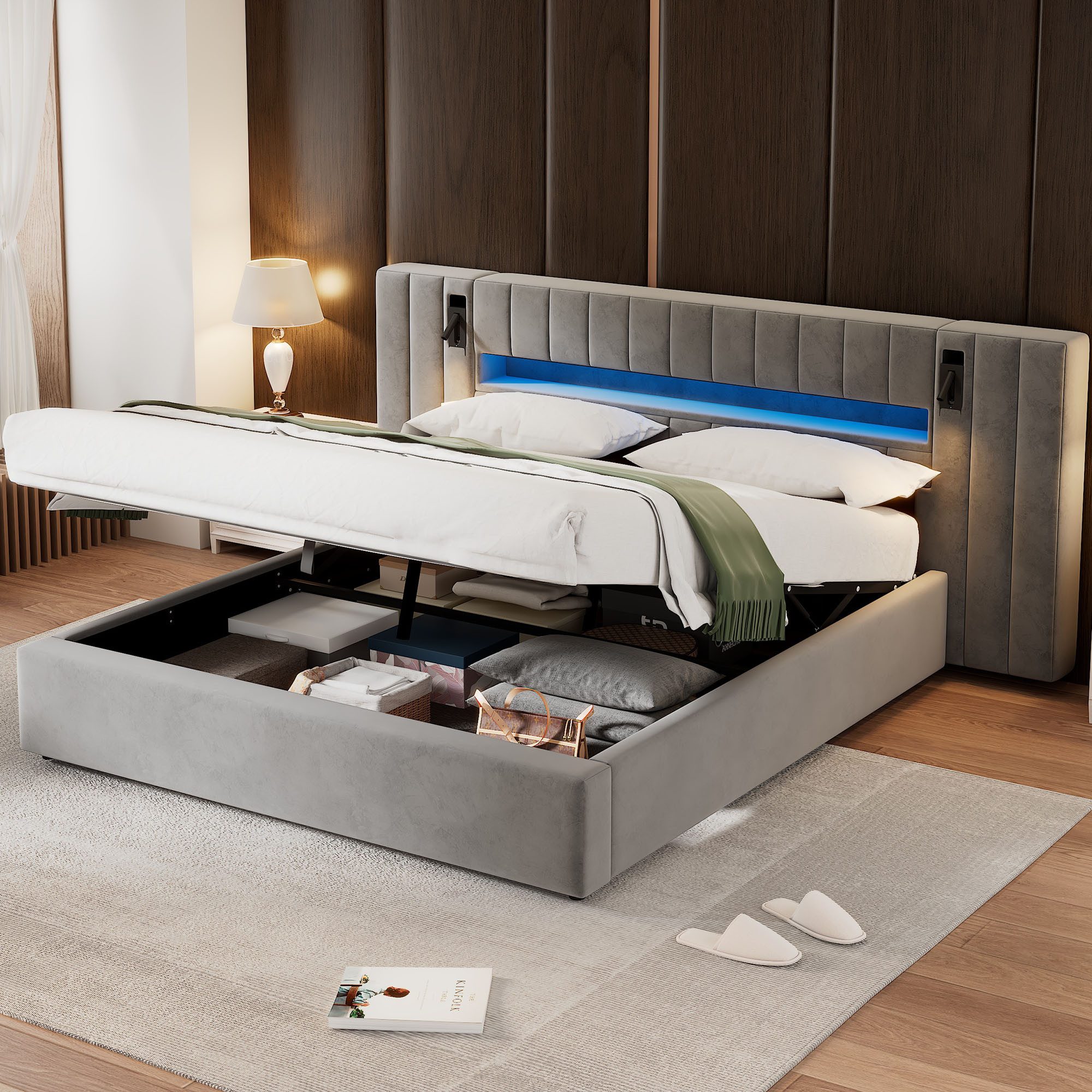 STILVORA Polsterbett 180x200 mit matratze und bettkasten,Funktionbett,mit Nachttischlampe (Doppelbett,Stauraumbett,Funktionbett mit Stauraum, 1-tlg., 180 x 200cm, ohne Matratze), mit USB-Anschluss,LED-Beleuchtung und Nachttischlampe