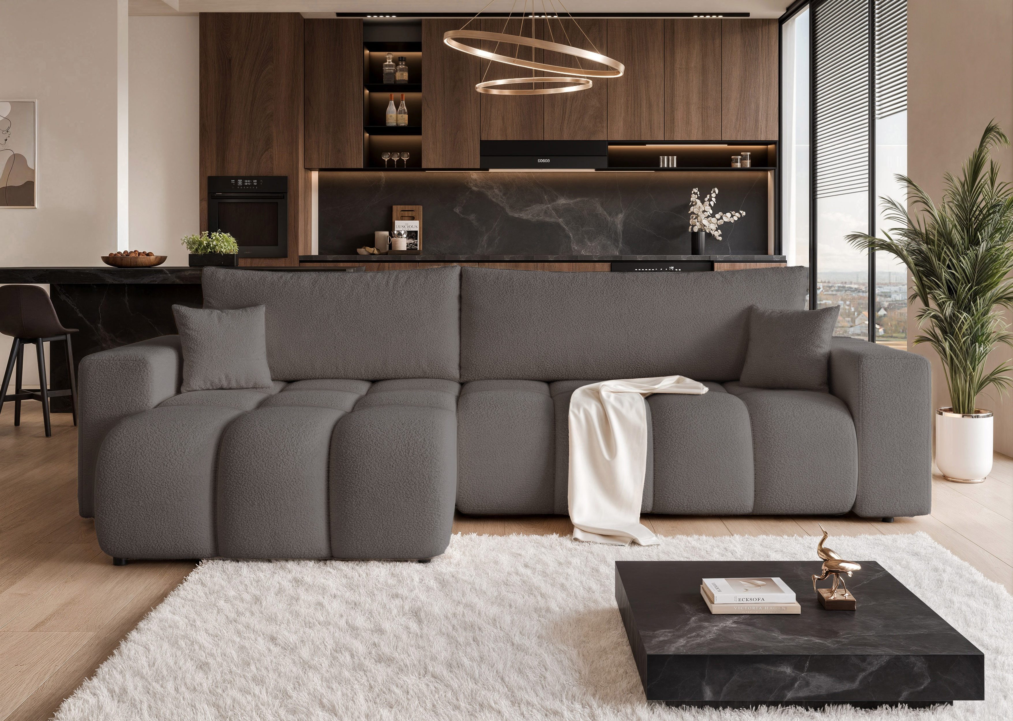yourhouse24 Ecksofa OLI XL mit tiefer Steppung (278 cm) – Trend-Bouclé, Schlaffunktion, Seite universal