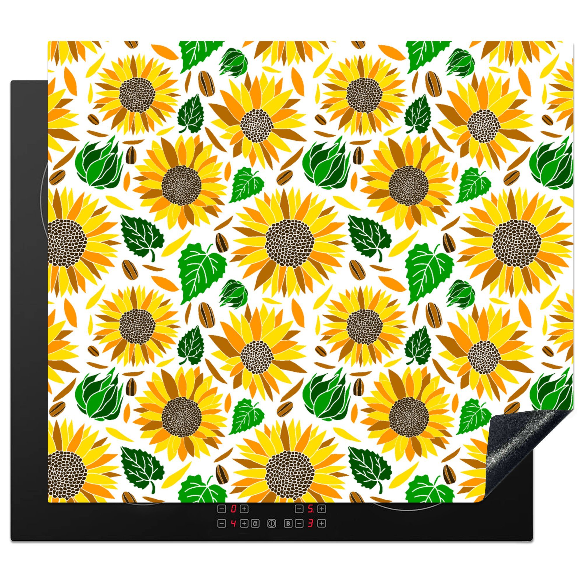 MuchoWow Herdblende-/Abdeckplatte Sonnenblume - Blätter - Muster, Vinyl, (1 tlg), 60x52 cm, Mobile Arbeitsfläche nutzbar, Ceranfeldabdeckung