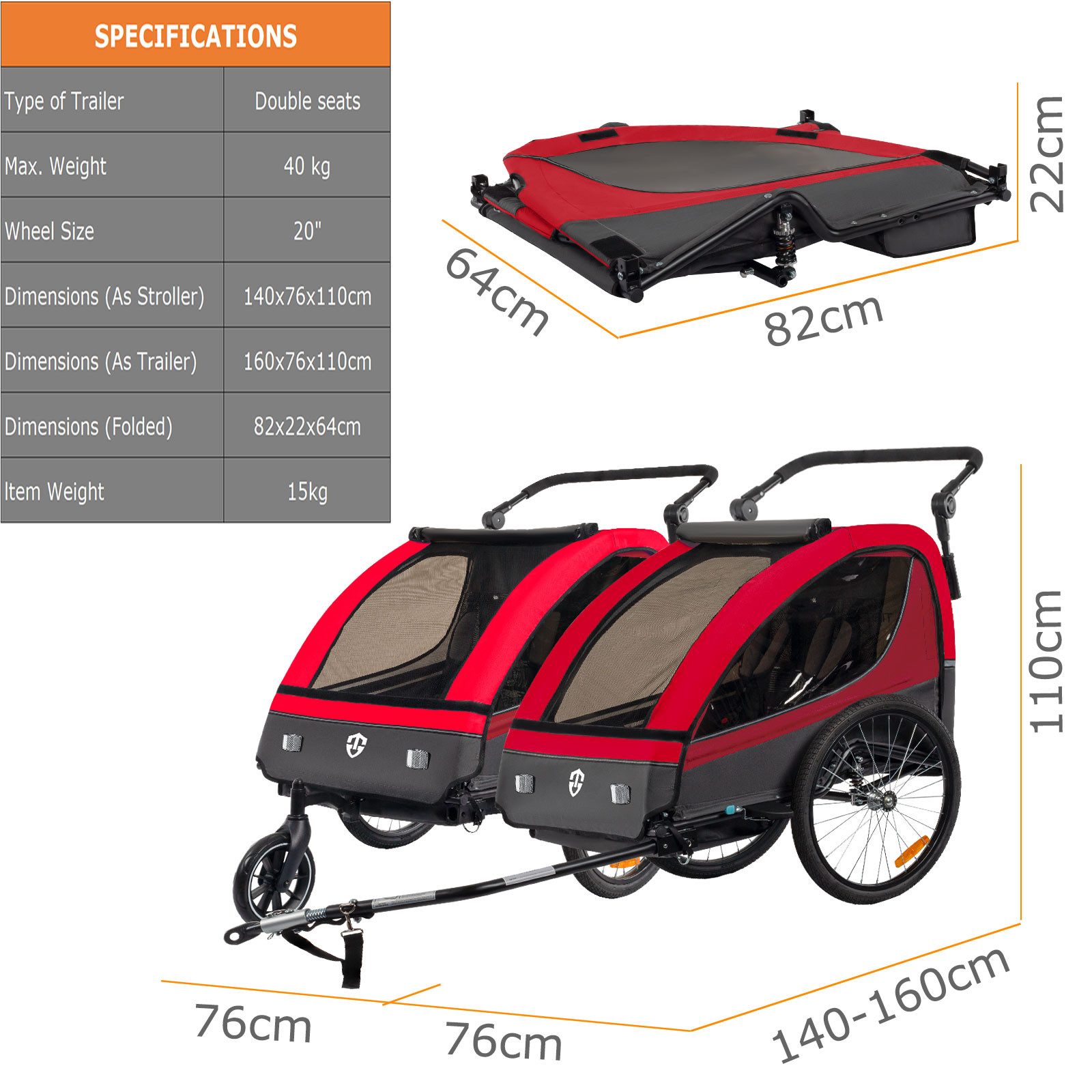 TIGGO Fahrradkinderanhänger Fahrradanhänger Kinderfahrradanhänger mit Buggy Set + Federung, geeignet für 1-2 Kinder