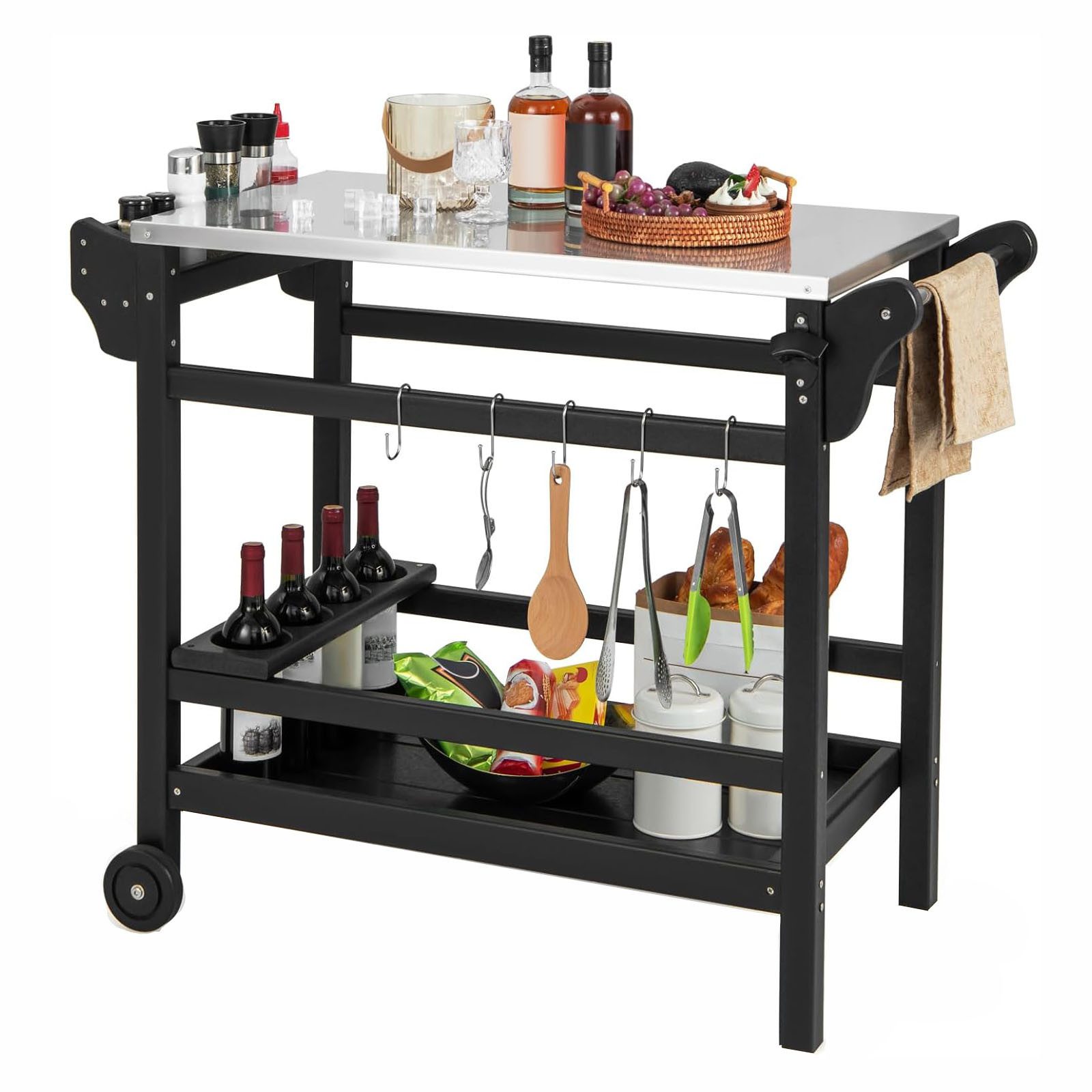 KOMFOTTEU Rollwagen, Grillwagen mit Haken, Winehalter & Rollen