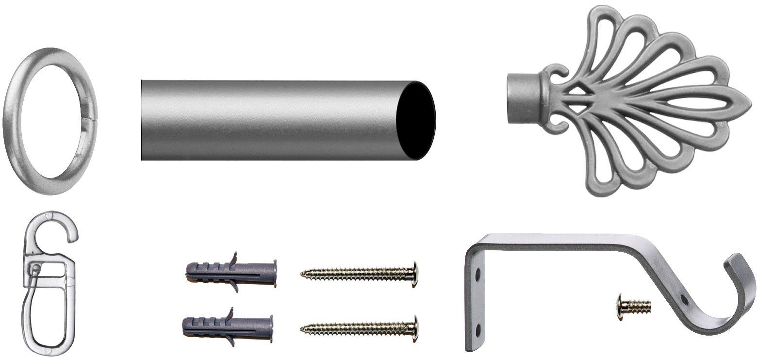 Fixmaß, und mm, Montagematerial inkl. 16 Komplett-Set Ringen verschraubt, Ø indeko, 1-läufig, Stahl, Gardinenstange Modena,