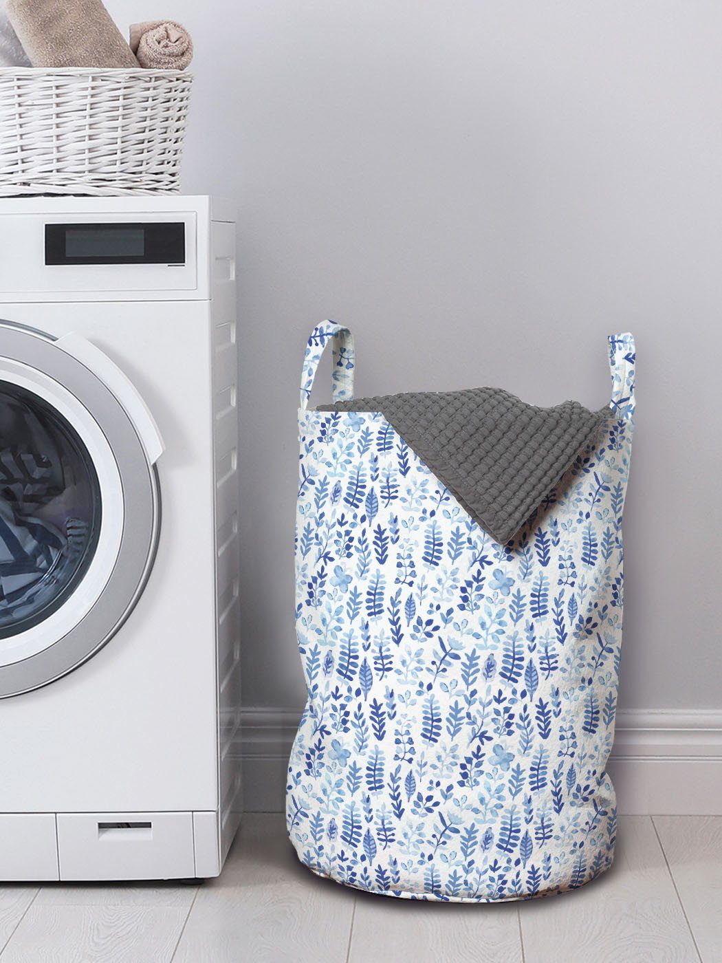 Blau Kräuter Griffen Aquarell und Wäschekorb für weiß mit Wäschesäckchen Kordelzugverschluss Waschsalons, Abakuhaus