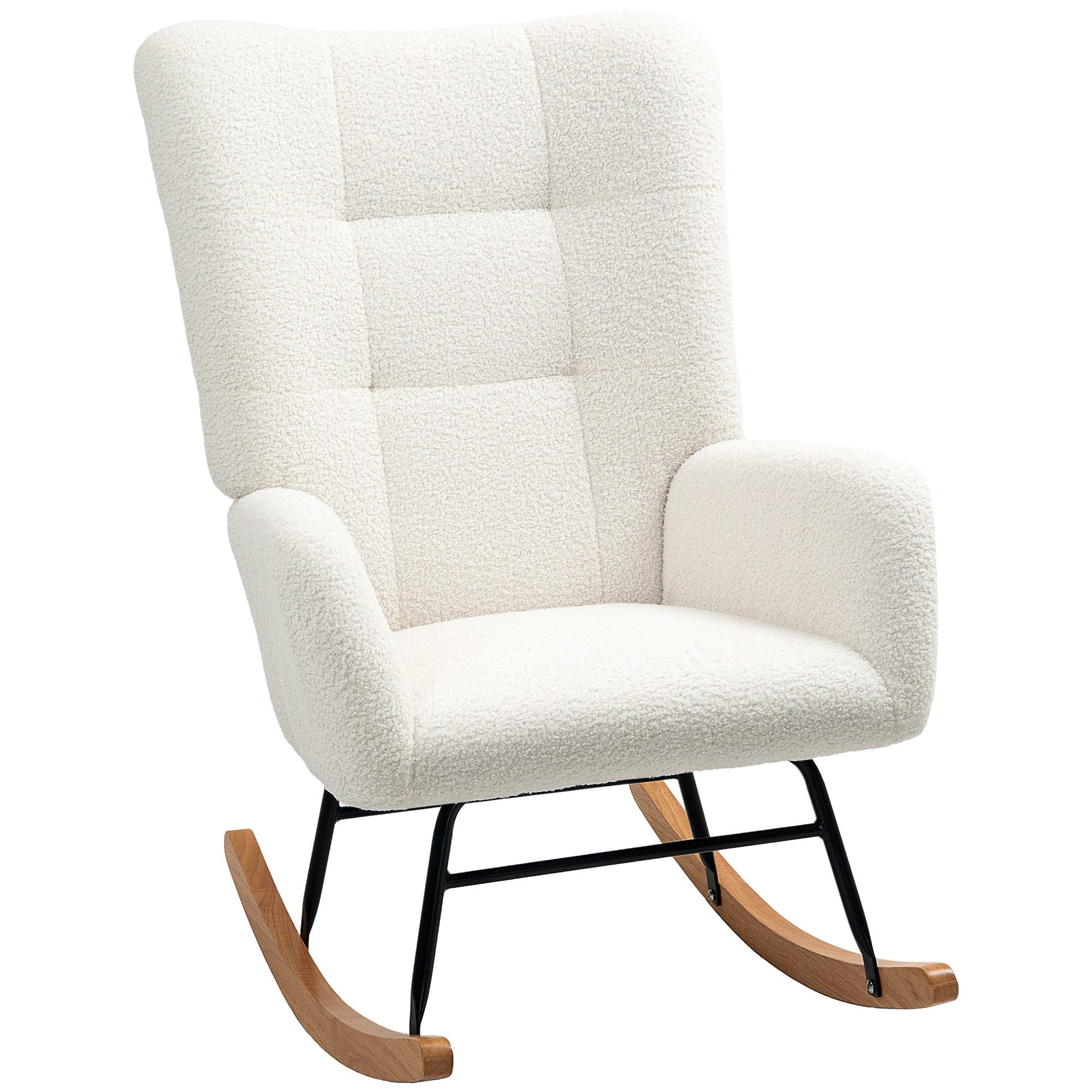 HOMCOM Schaukelstuhl Schaukelsessel mit Armlehne, Teddysamt-Optik (Relaxsessel mit Holzkufen, Schwingsessel, 1 St), Stillsessel für Schlafzimmer, Wohnzimmer, Cremeweiß