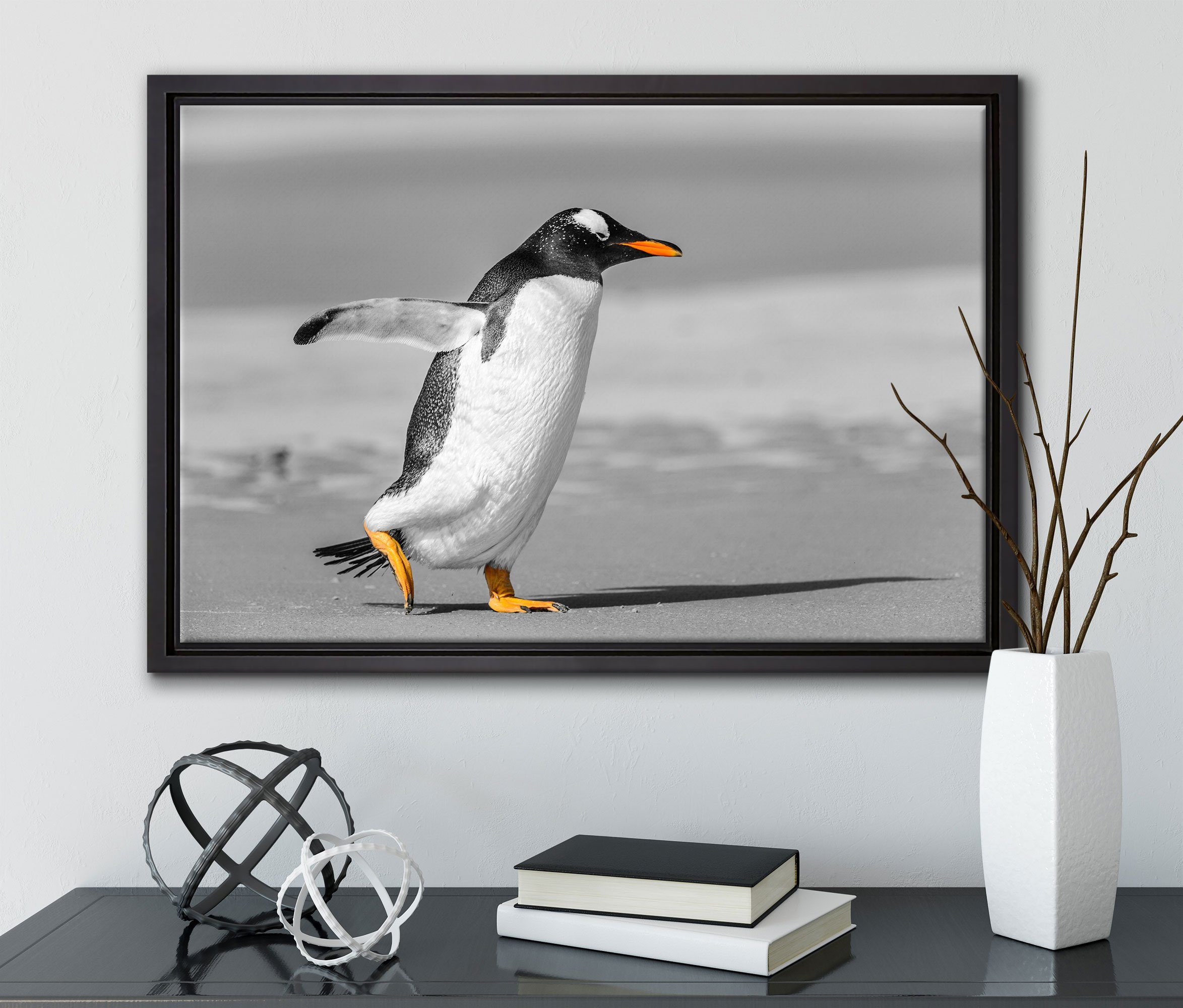 St), Schattenfugen-Bilderrahmen watschelnder Zackenaufhänger Pinguin Leinwandbild Wanddekoration gefasst, fertig am Leinwandbild bespannt, inkl. in Pixxprint (1 einem Strand,
