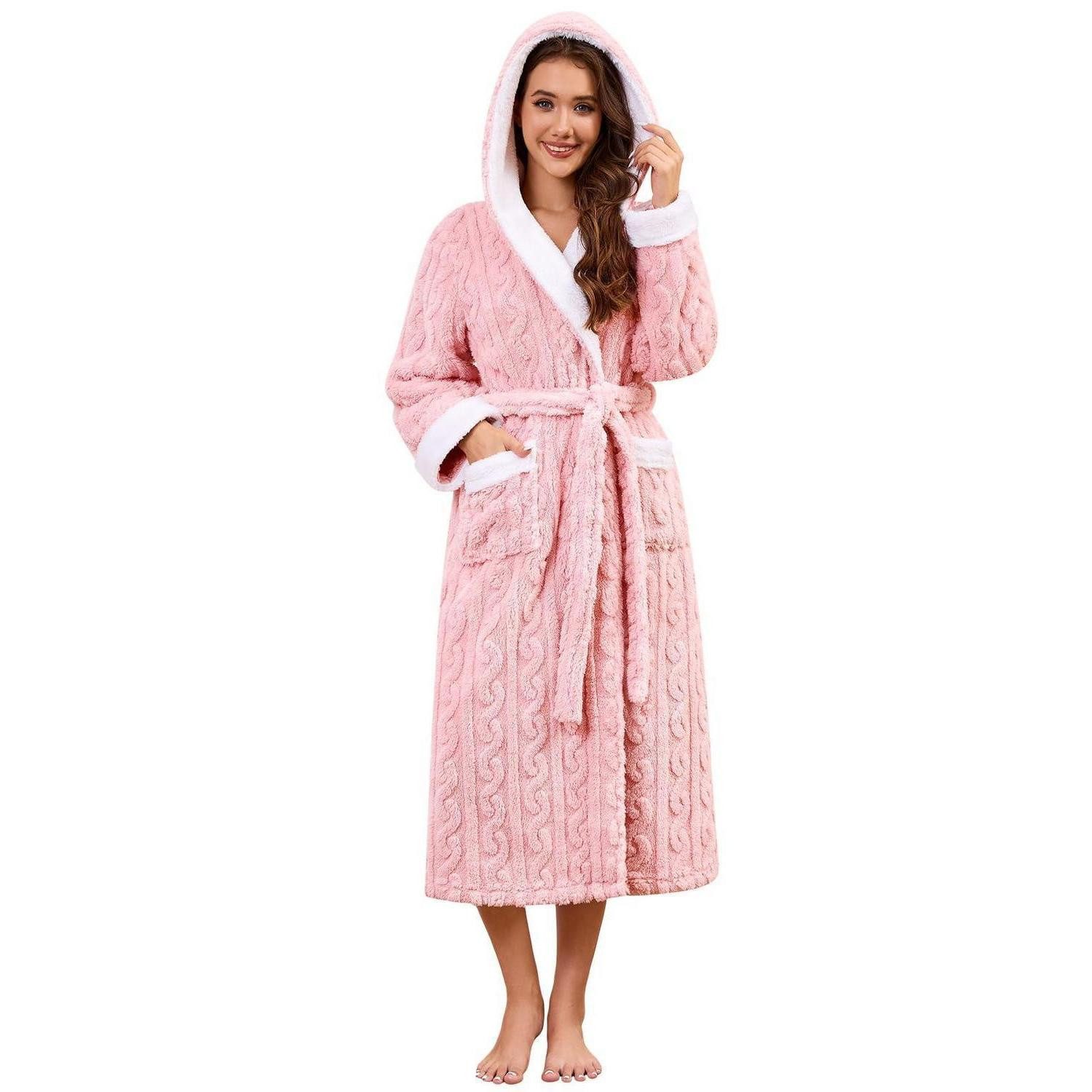 LuxusKollektion Damenbademantel Bademantel Damen Kapuze Flauschig Winter L Rosa, Kunststoff, Kapuze