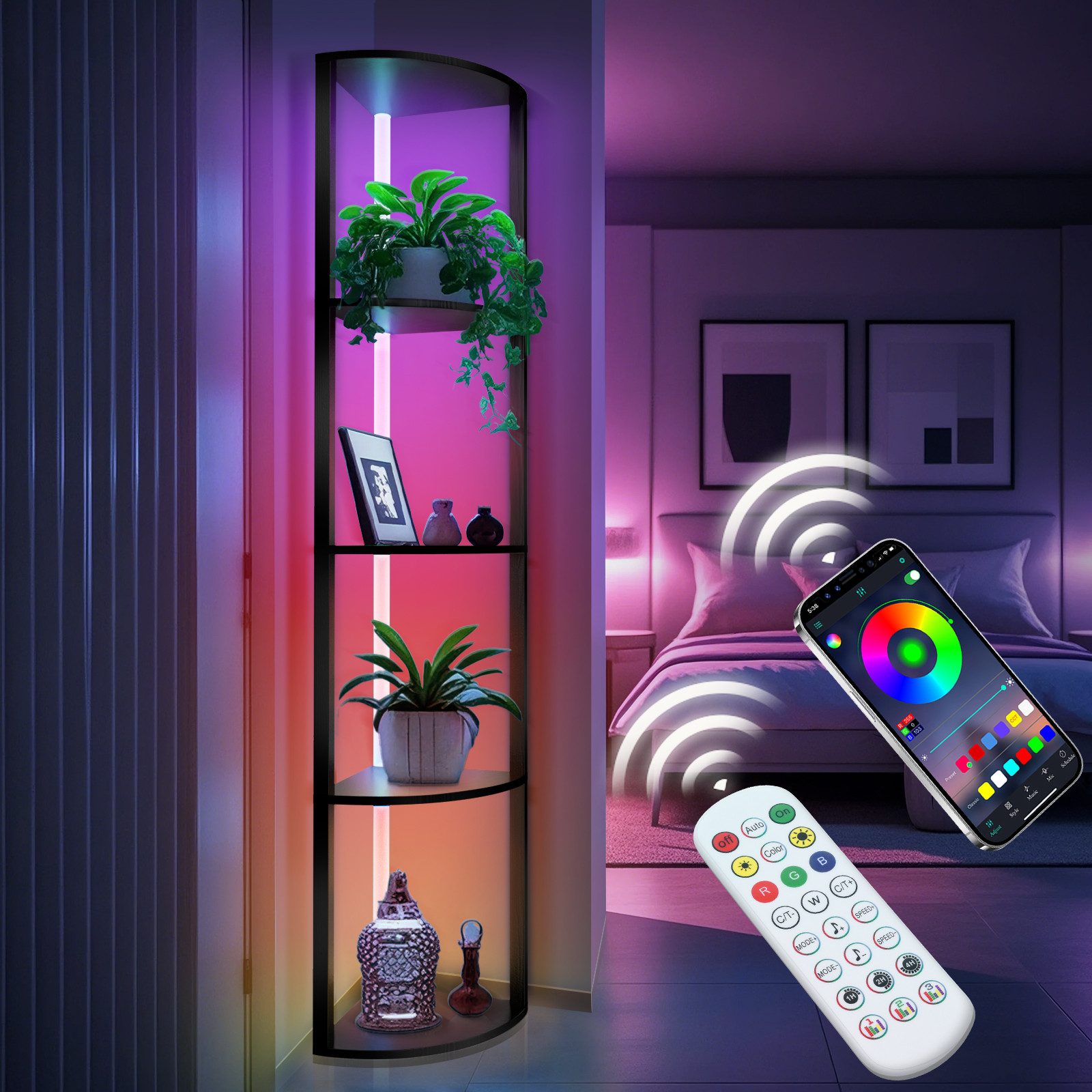 XIIW Eckvitrine LED Eckregal Standregal Bücherregal Vitrine mit APP & Fernbedienung (5 Etagen, 30×30×162 cm, Stehlampe Stehleuchte Regal aus Holz) für Wohnzimmer Schlafzimmer Flur Büro
