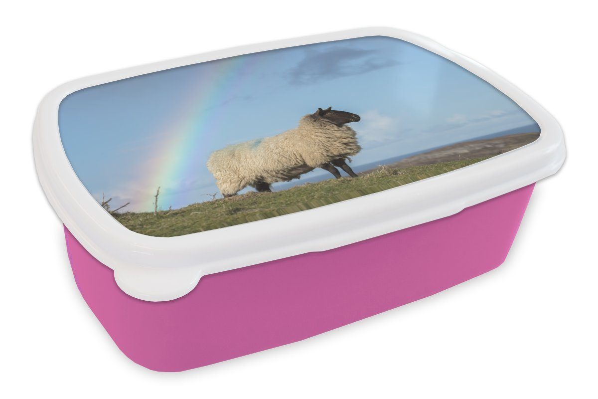 MuchoWow Lunchbox Schaf - Himmel - Regenbogen, Kunststoff, (2-tlg), Brotbox für Erwachsene, Brotdose Kinder, Snackbox, Mädchen, Kunststoff rosa