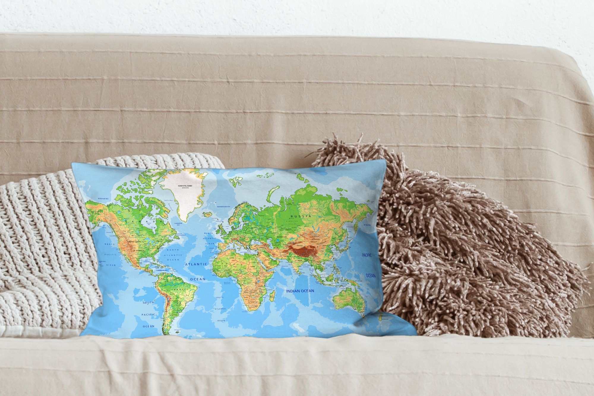 MuchoWow Dekokissen Weltkarte Atlas mit Kinder Schlafzimmer Füllung, Dekokissen Zierkissen, - - Topographie Junge Dekoration, - - Mädchen, Wohzimmer 