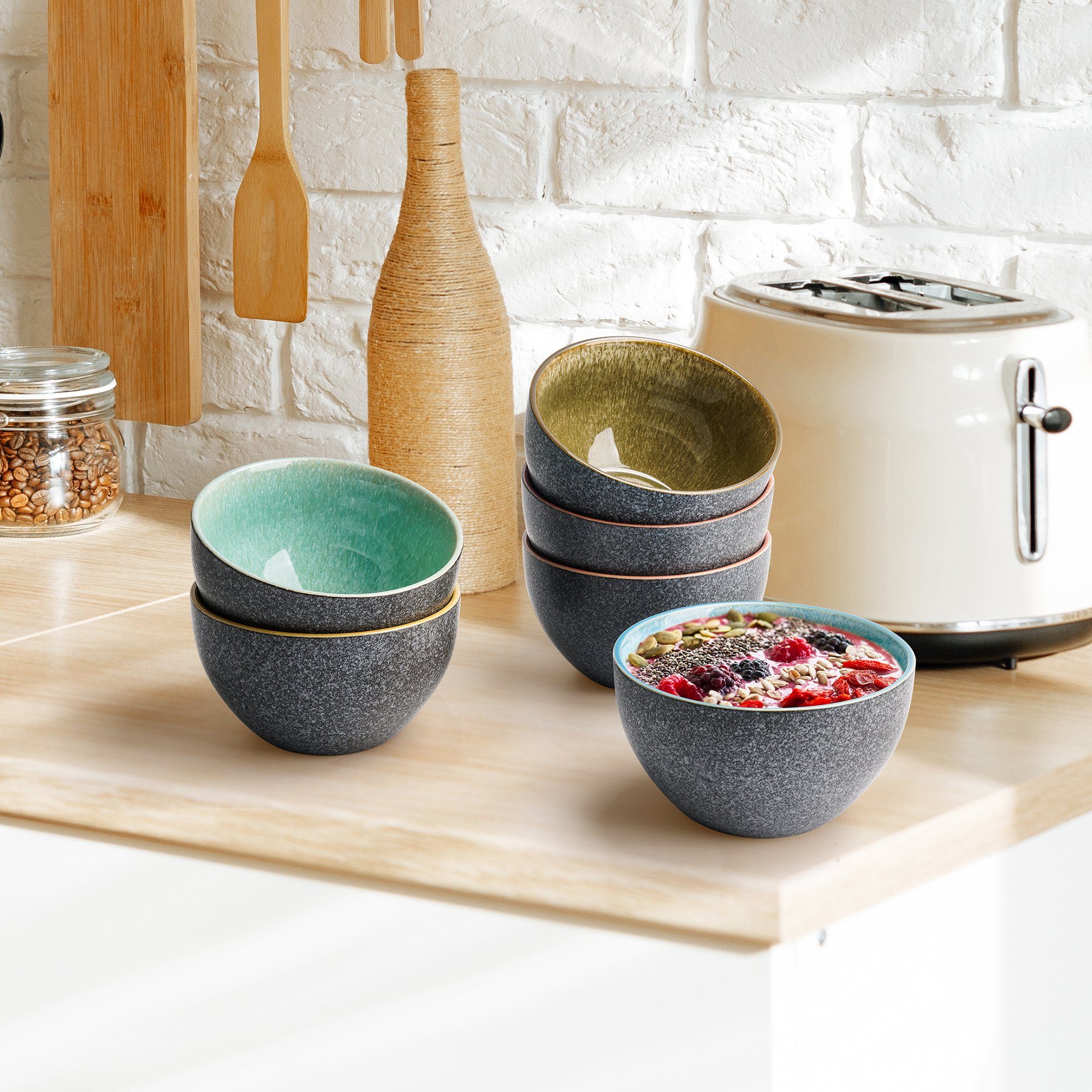 MiaMio Müslischale Las Palmitas große Bowls, 750 ml, Steinzeug, (Set, 6-tlg), Müsli, Salat, Suppe, spülmaschinen- und mikrowellengeeignet – Bild 3 von 5