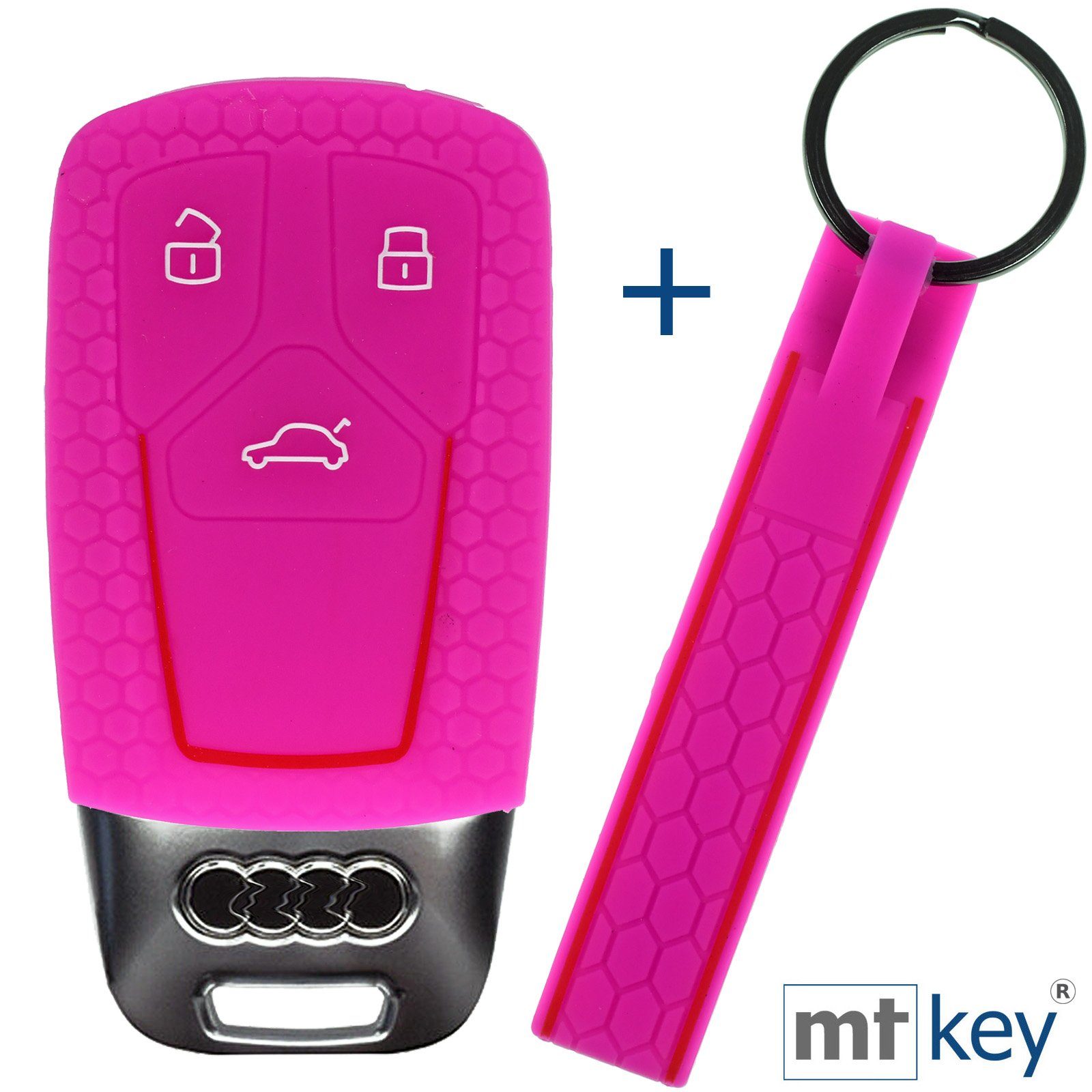 mt-key Schlüsseltasche Autoschlüssel Silikon Schutzhülle im Wabe Design Pink + Schlüsselband, für Audi A4 A5 A6 A7 TT Q2 Q5 Q7 A8 Q8 3 Tasten KEYLESS SMARTKEY