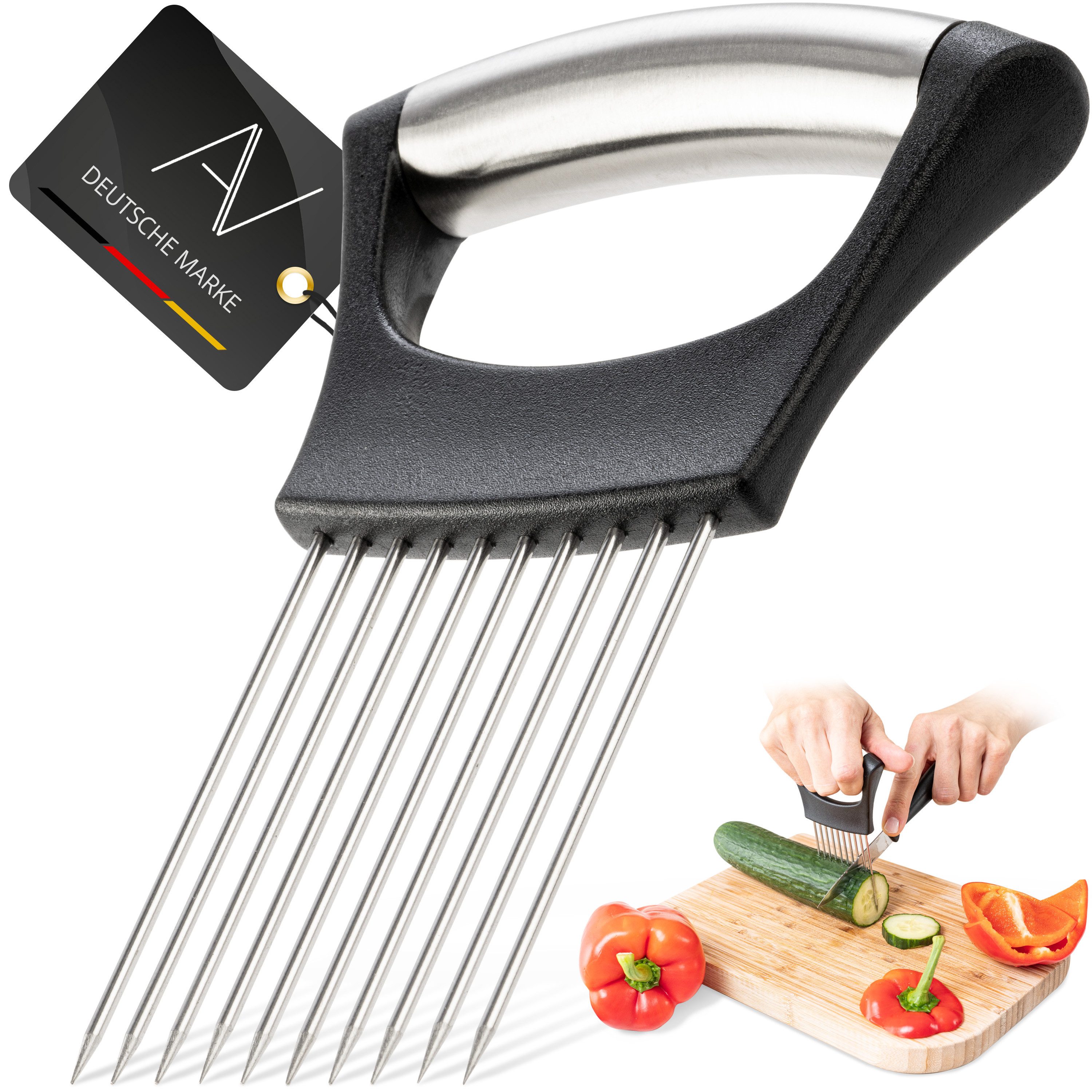 AVANA Gemüseschneider Zwiebelschneider Halter aus Edelstahl Zwiebel Gemüse Schneidehilfe, Zwiebelhalter zum Schneiden