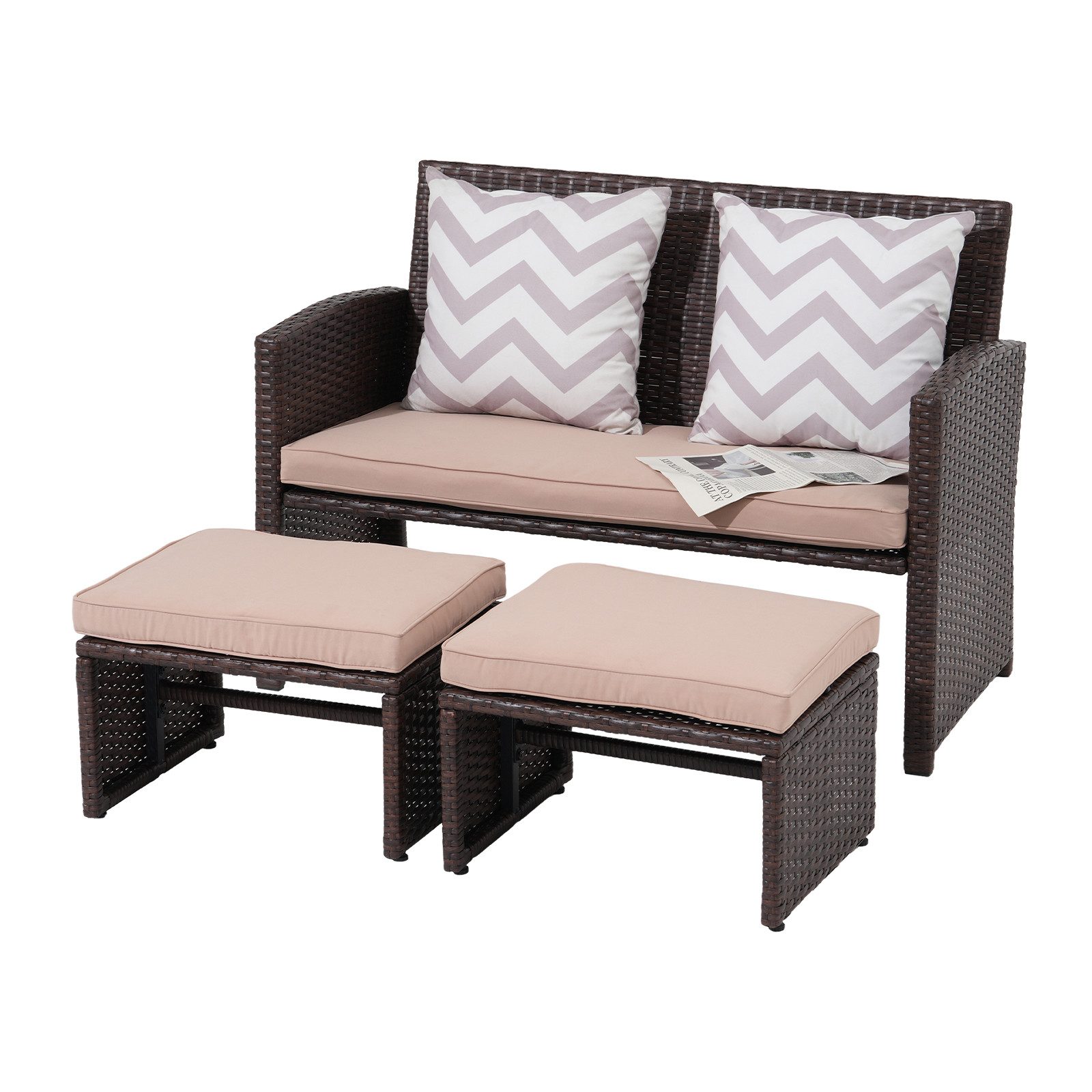 Sunsitt Gartenbank Outdoor Loveseat (3-tlg Terrassenmöbel-Set, Allwetter Rattan Gartenbank mit 2 Hocker), Braun Rattan&Beige Kissen