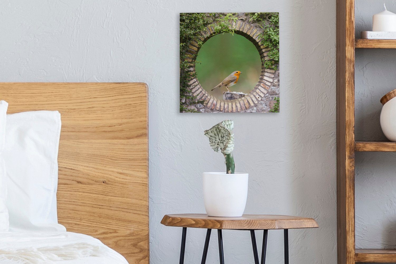 OneMillionCanvasses® Leinwandbild Vogel - Leinwand Durchblick Bilder für - Schlafzimmer Wohnzimmer (1 Rotkehlchen, St)