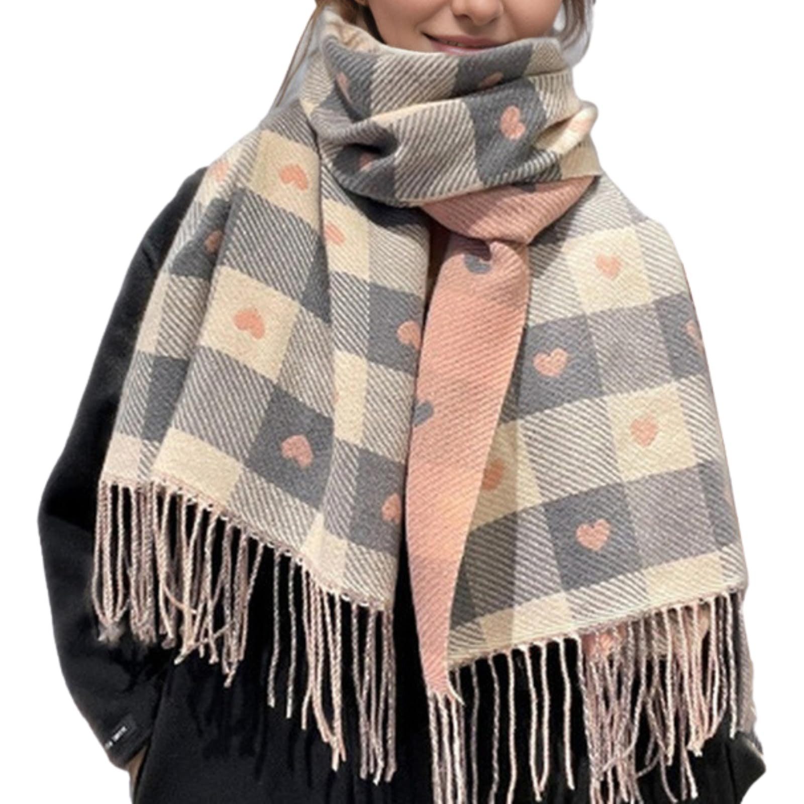 Oemmn Wollschal Damen Weich Wraps Winterschal, warmer Herz-Karomuster-Schal, Kuschelig und Oversized - Karo Fransen Schals Warm für Herbst Winter