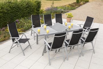 MERXX Garten-Essgruppe Carrara, (Set 9-teilig, Tisch, 8 Klappsessel, Aluminium mit Textilbespannung, Sicherheitsglas), mit ausziehbarem Tisch