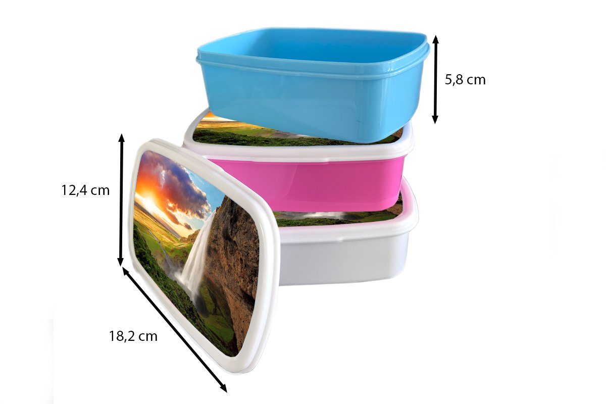 für Berge - Kunststoff, - - und Lunchbox Felsen Erwachsene, Orange, Kinder und Wasserfall - (2-tlg), MuchoWow weiß Sonnenuntergang Jungs Brotbox Brotdose, Mädchen für